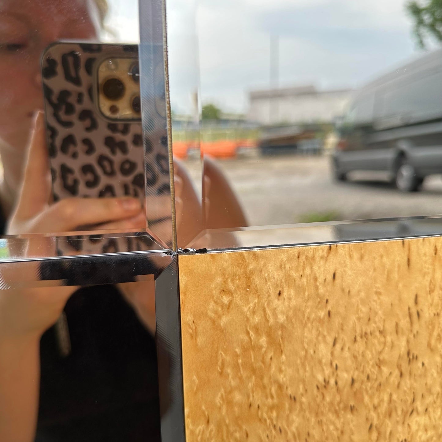 Romweber Mid-Century Mod Bird's-Eye Maple Smoke Glass Queen Headboard