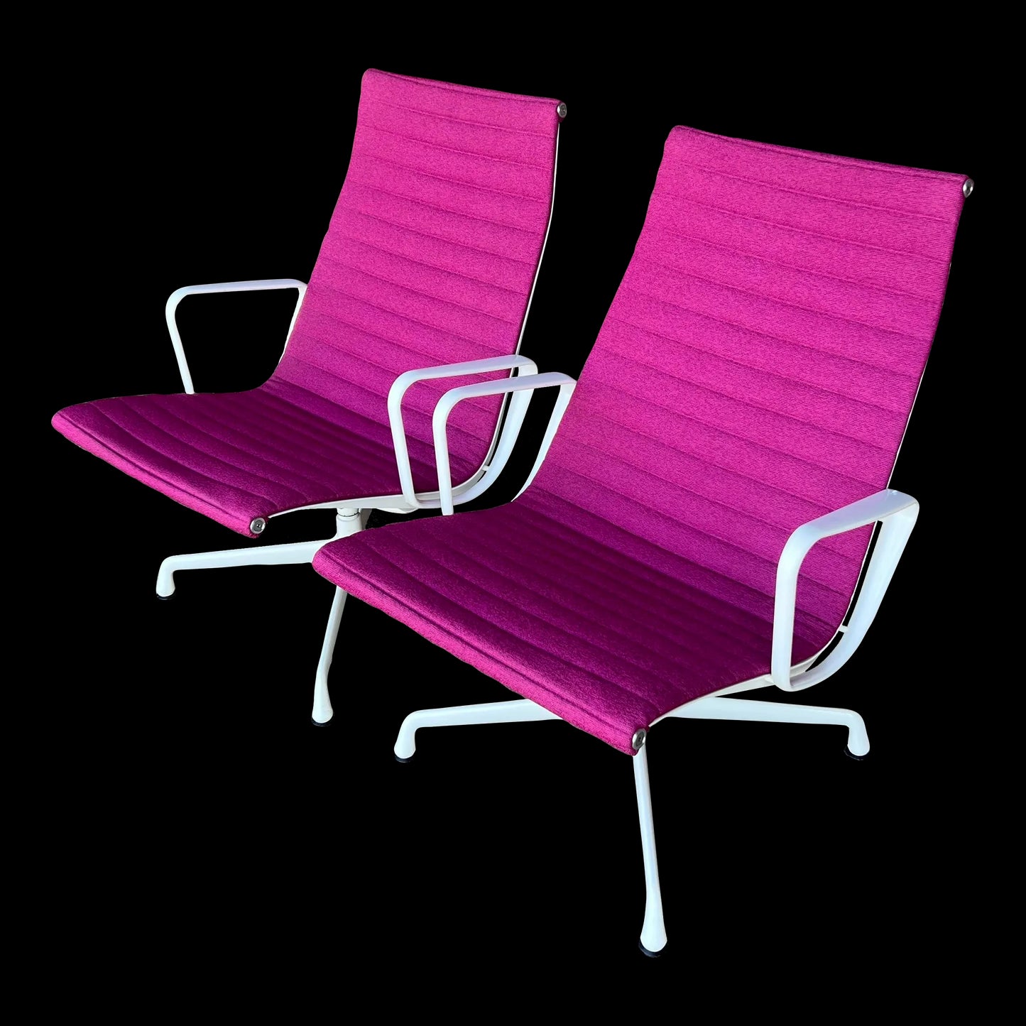 Pair of Eames Herman Miller Aluminum Group Lounge Chairs White Frames and Pink Fabric