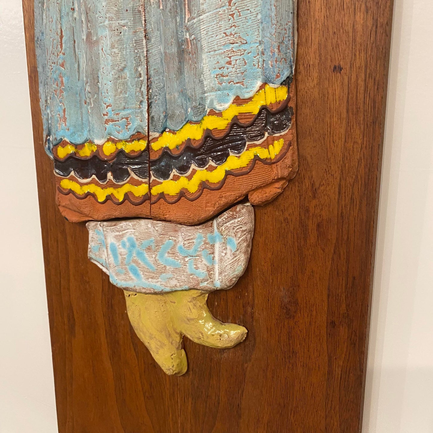 Vintage Ceramic Wall Art of Woman on Walnut and Rosewood Board Mid Century Style of Harris Strong