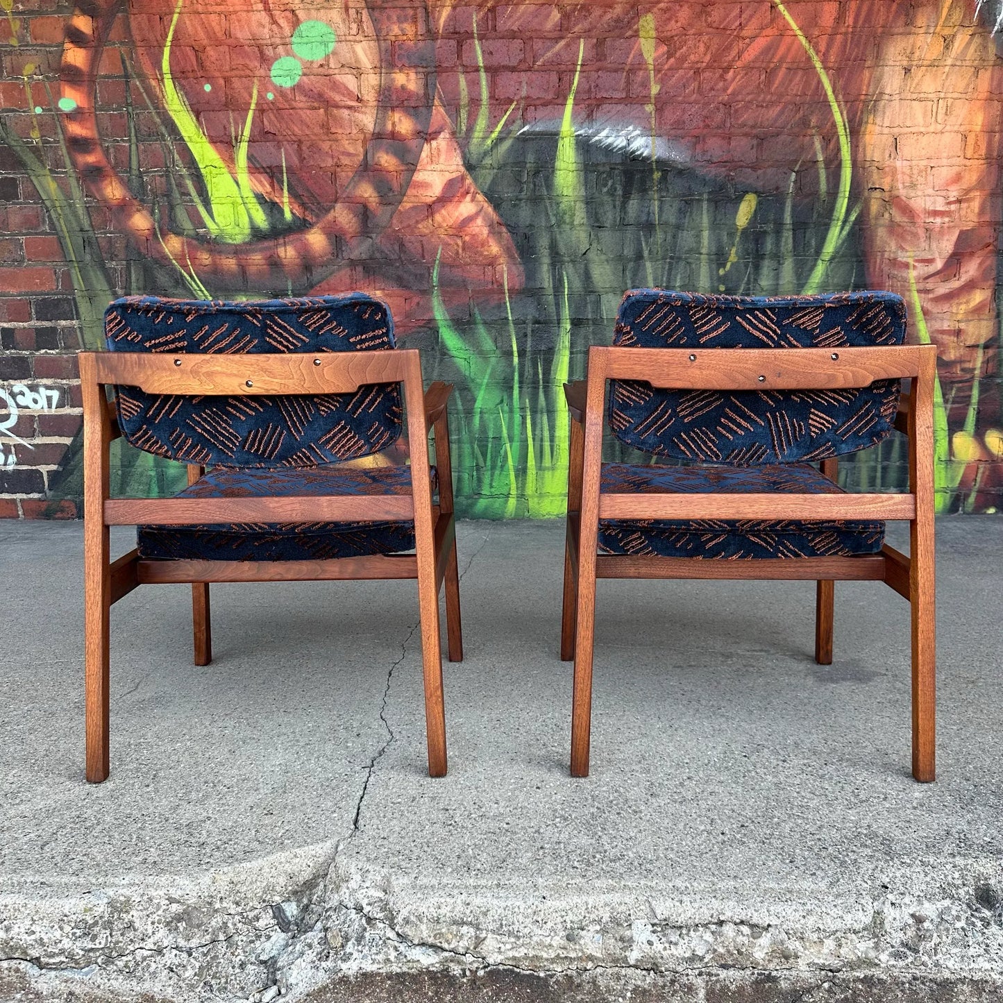 Pair of Walnut Jens Risom Arm Chairs in Jack Lenor Larsen Fabric
