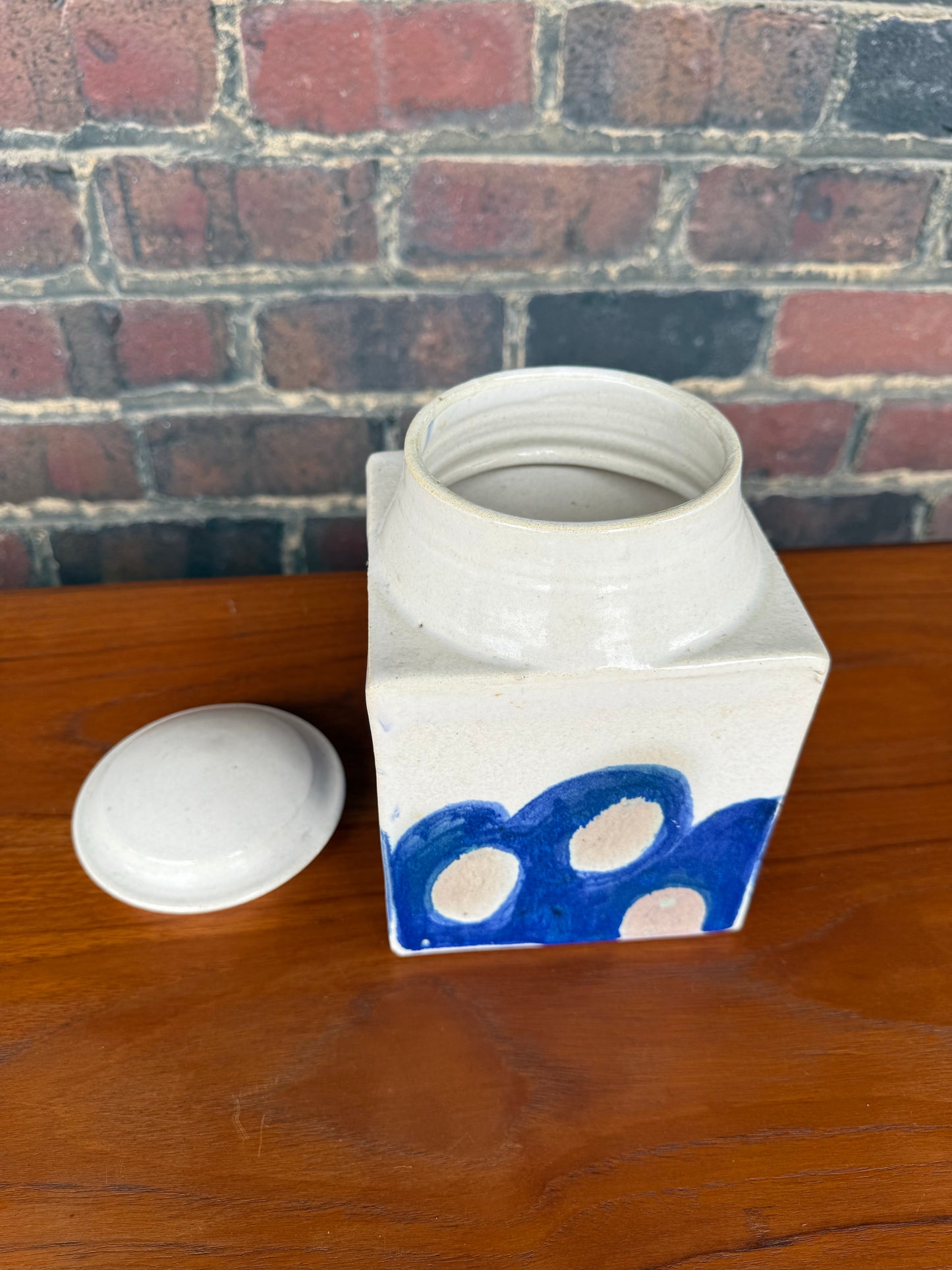 Ceramic Lidded Jar With a Blue Modern Pottery Design Signed