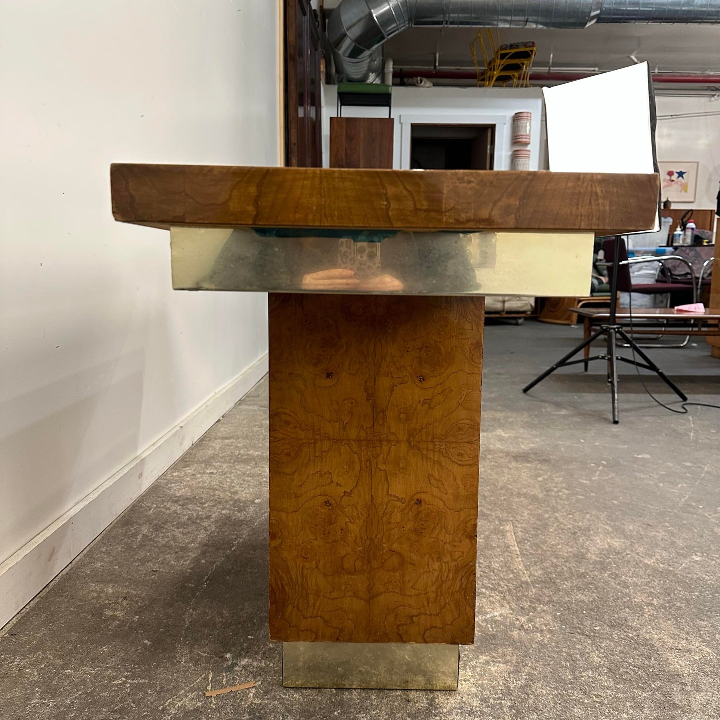 Burlwood and Brass Sofa Table Console Table