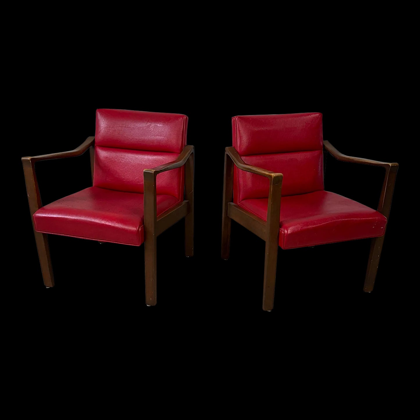 Mid Century Modern Pair of Red Vinyl Arm Chairs