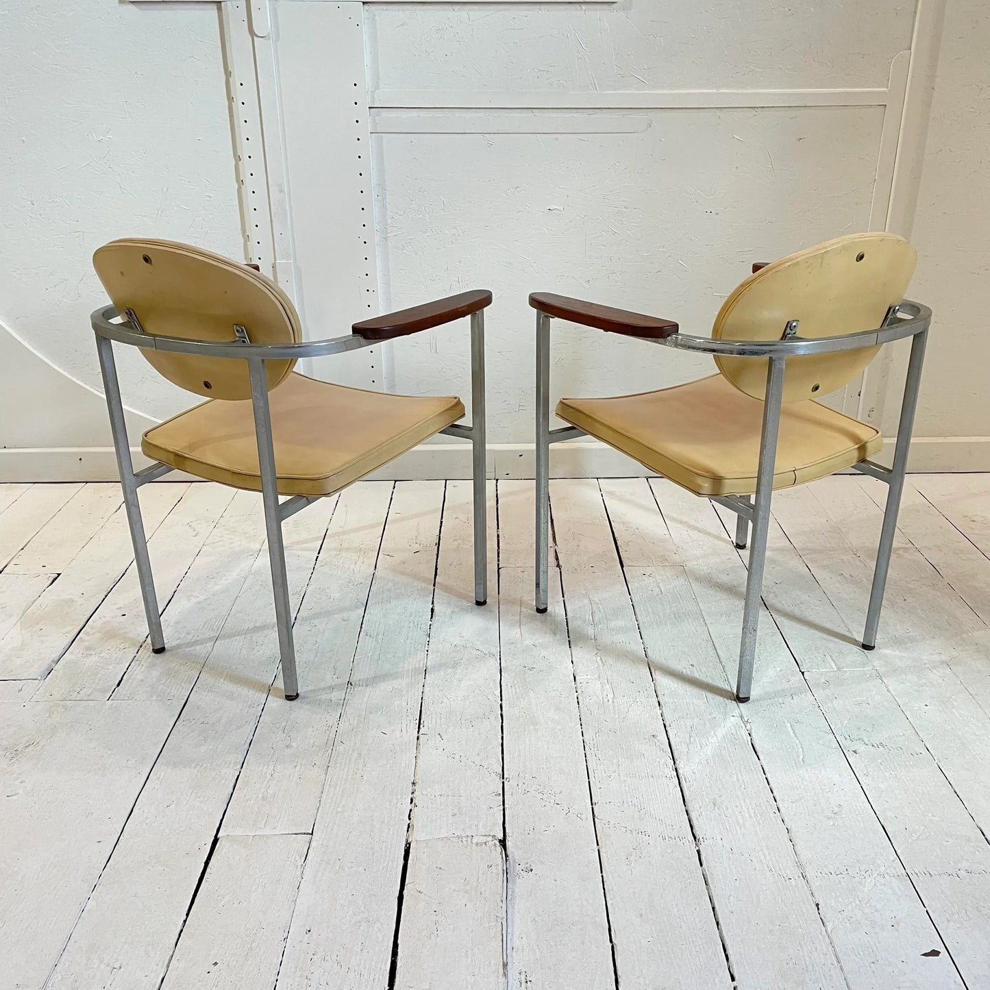 Mid 20th Century Metal Frame Chairs With Wood Arms - a Pair