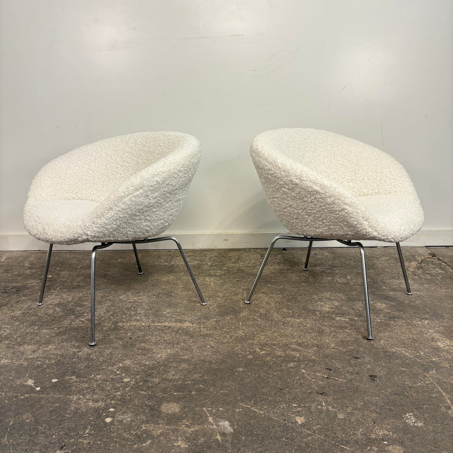 Pair of Arne Jacobsen Pot Chairs Reupholstered in Faux White Shearling