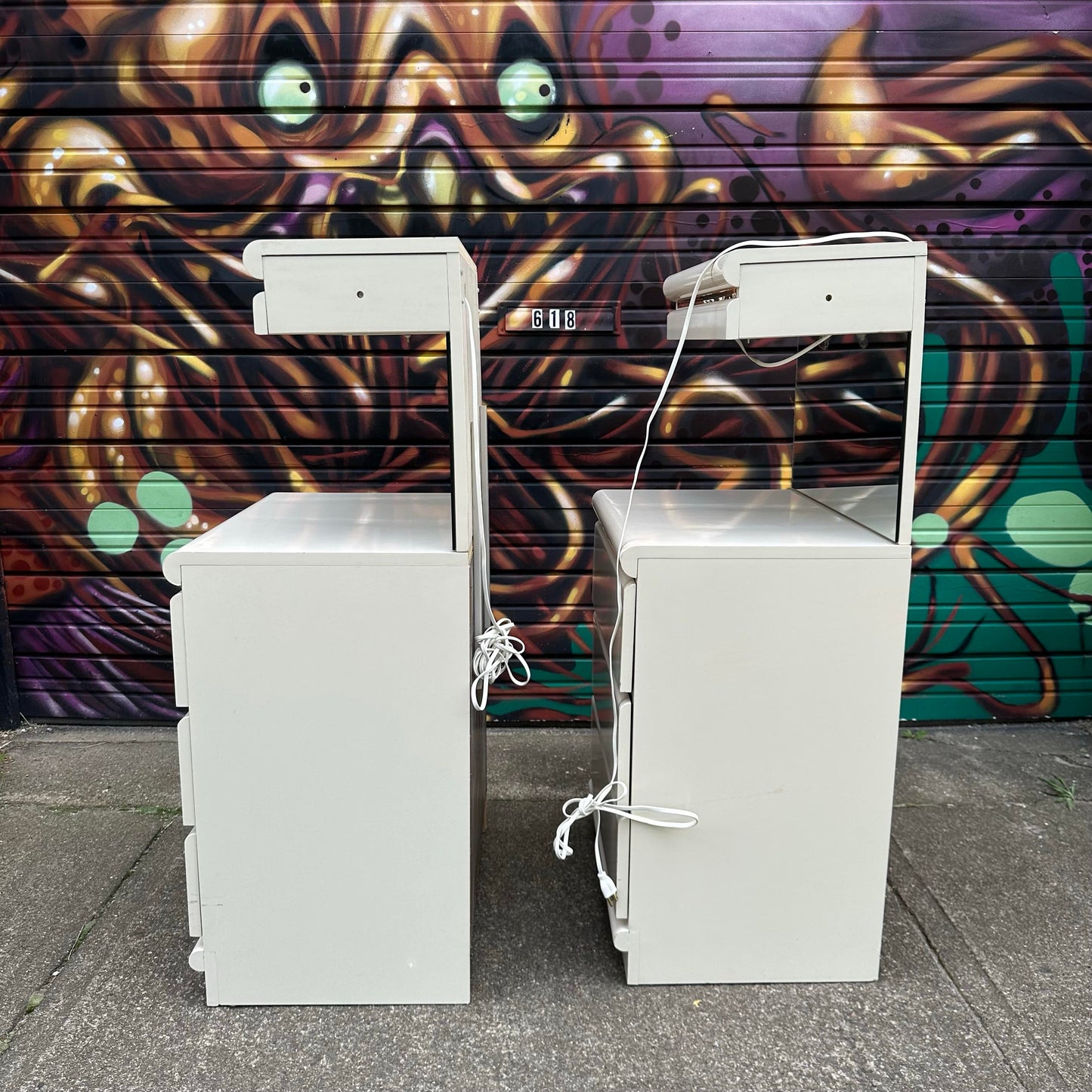 Pair of Broyhill Postmodern Lacquer Cream & Gold Nightstands
