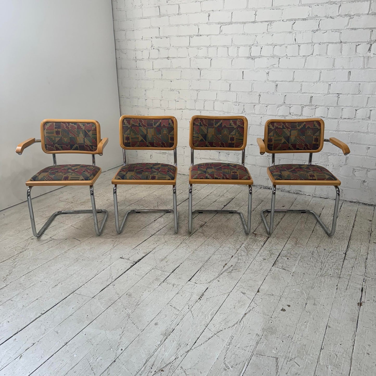 Set of 4 Italian Cantilever Chrome and Oak Dining Chairs Marcel Breuer Cesca