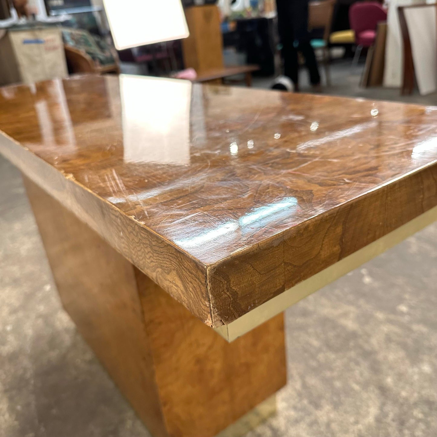 Burlwood and Brass Sofa Table Console Table