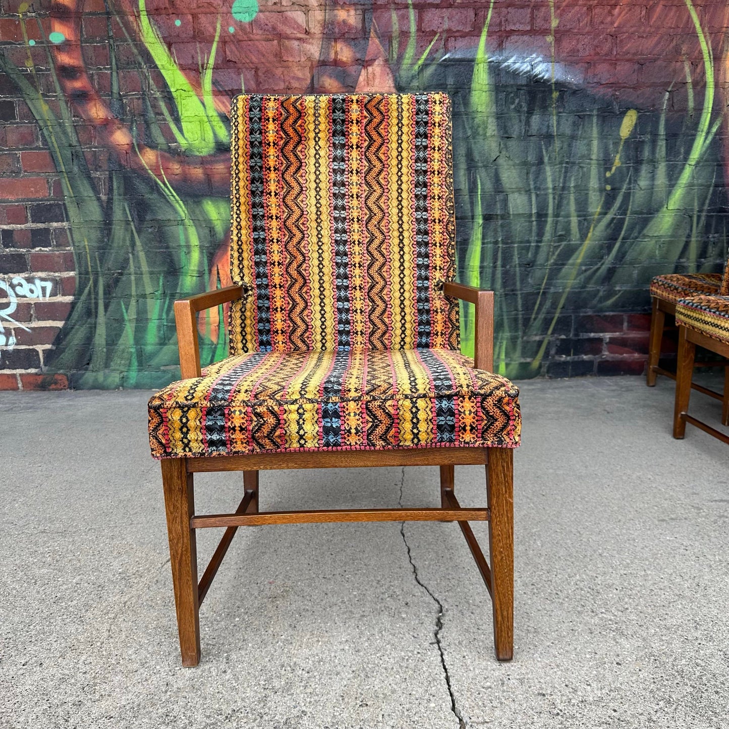 Set of 6 Walnut Founders Dining Chairs in Possible Jack Lenor Larsen Fabric