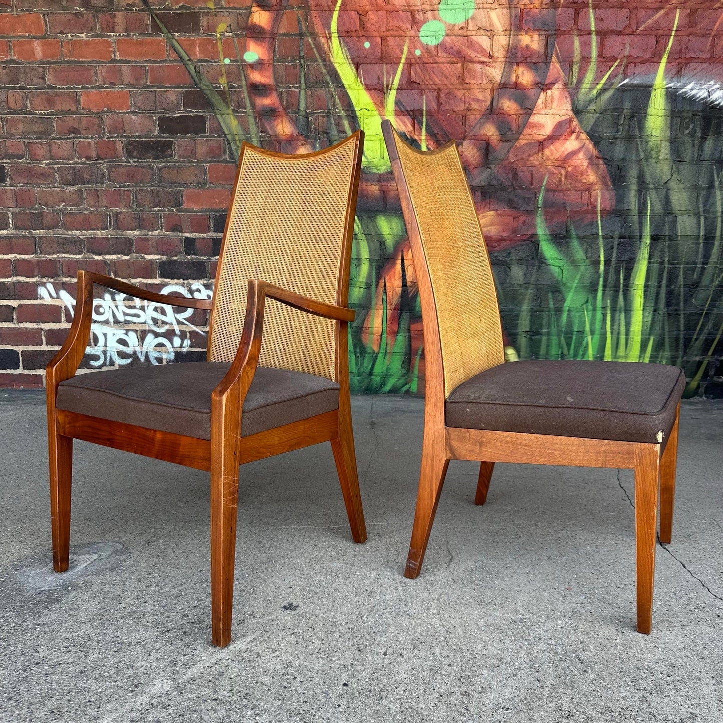 Set of Six John Stuart Walnut and Caned Dining Chairs