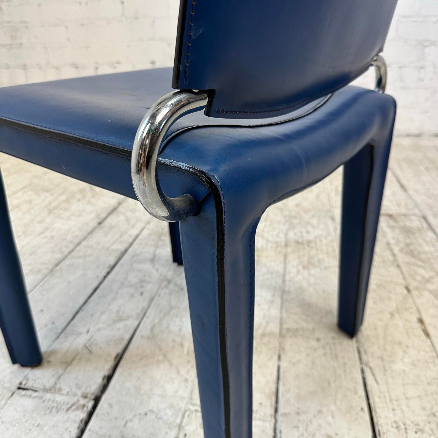 Blue Leather and Chrome Italian Designed Chair by Arper