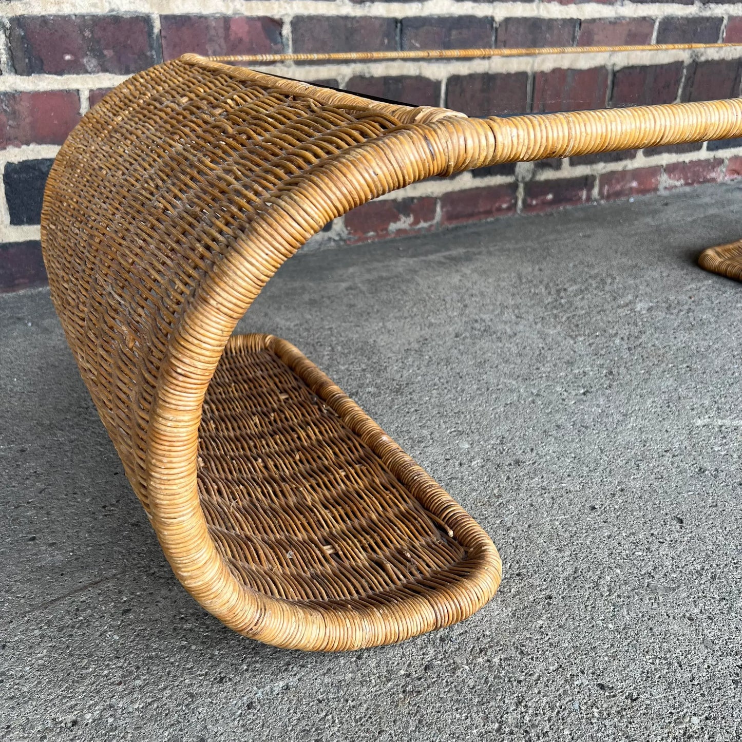 Wicker Rattan and Glass Waterfall Edge Coffee Table