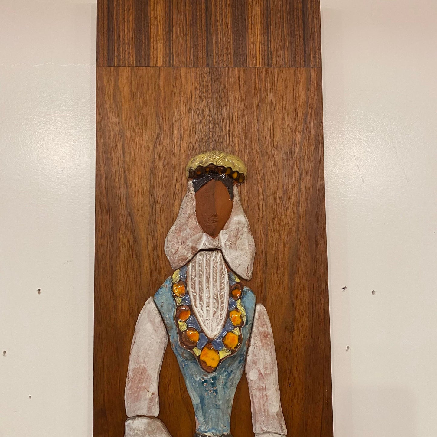 Vintage Ceramic Wall Art of Woman on Walnut and Rosewood Board Mid Century Style of Harris Strong