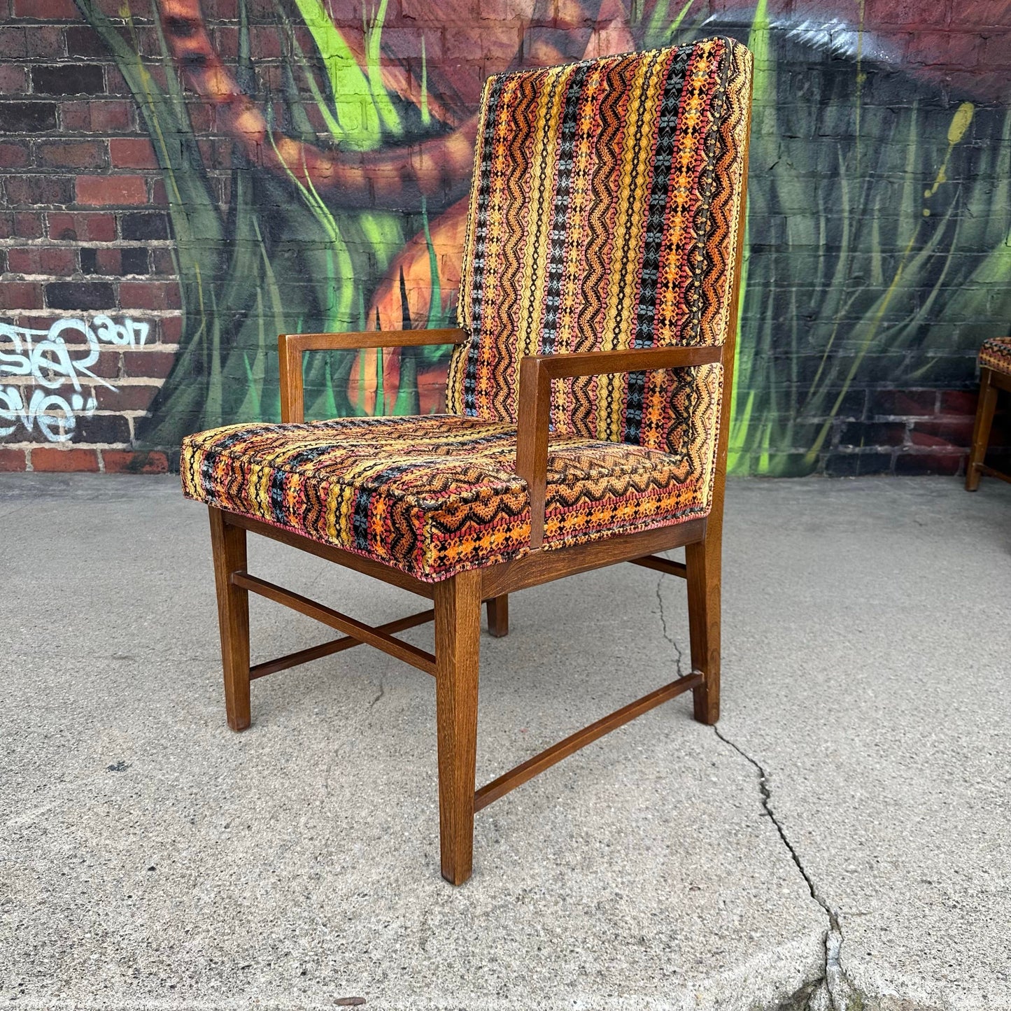 Set of 6 Walnut Founders Dining Chairs in Possible Jack Lenor Larsen Fabric