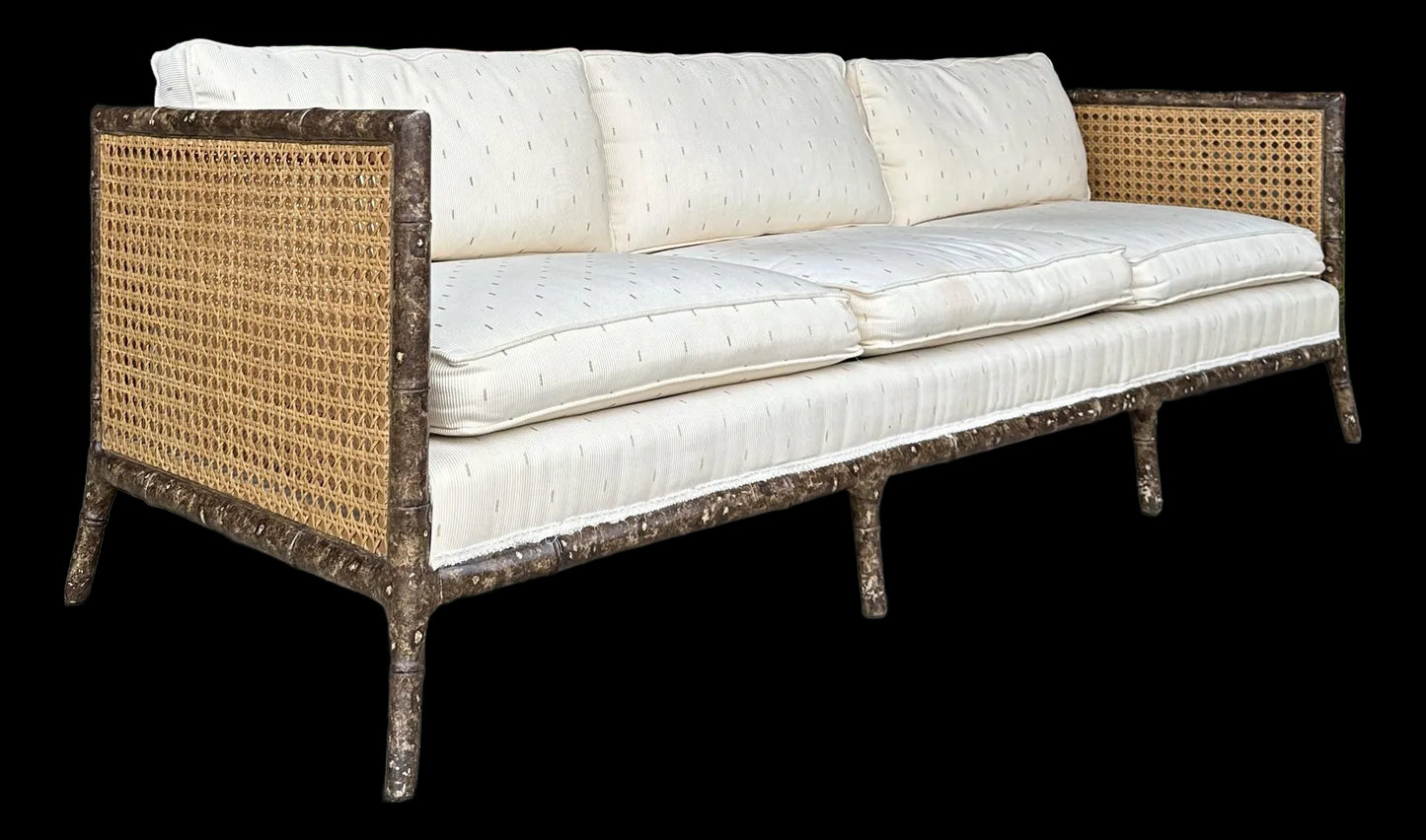 Vintage Faux Bamboo Sofa With Caned Arms in Style of Robsjohn Gibbings Mid-Century Modern