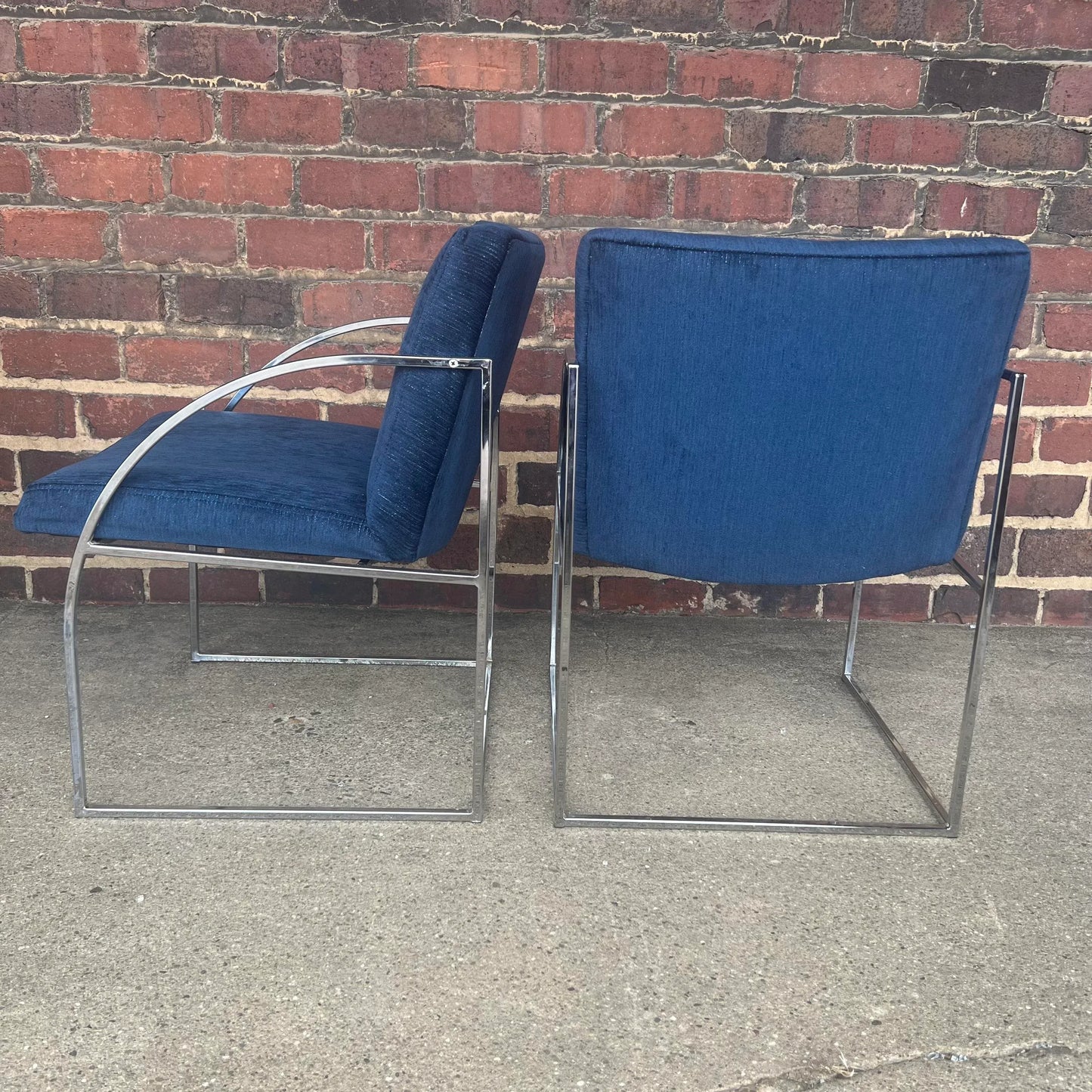 Milo Baughman Thayer Coggin Chrome Dining Chairs Recovered in a Blue Sparkly Fabric.