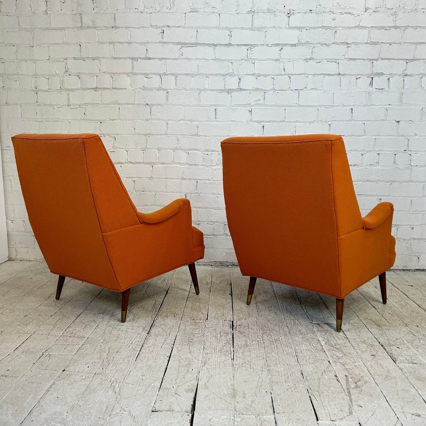 Reupholstered Pair of Orange Mid Century Modern Lounge Chairs