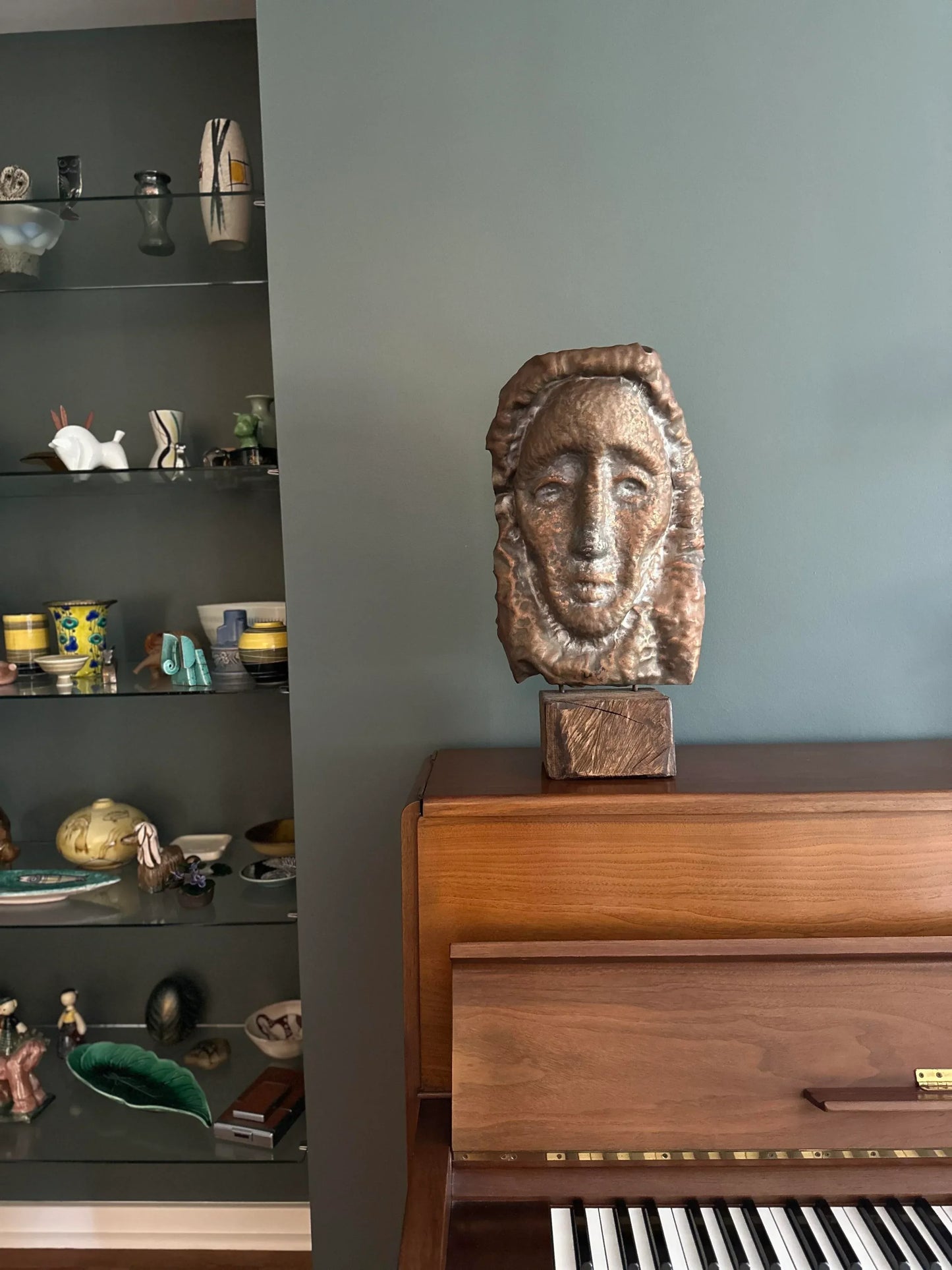 Waylande Gregory Large Hammered Copper Face Sculpture Bust on Wood Block.