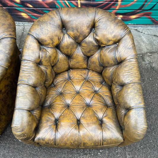 Pair of Ward Bennett Brown Leather Chairs on Casters