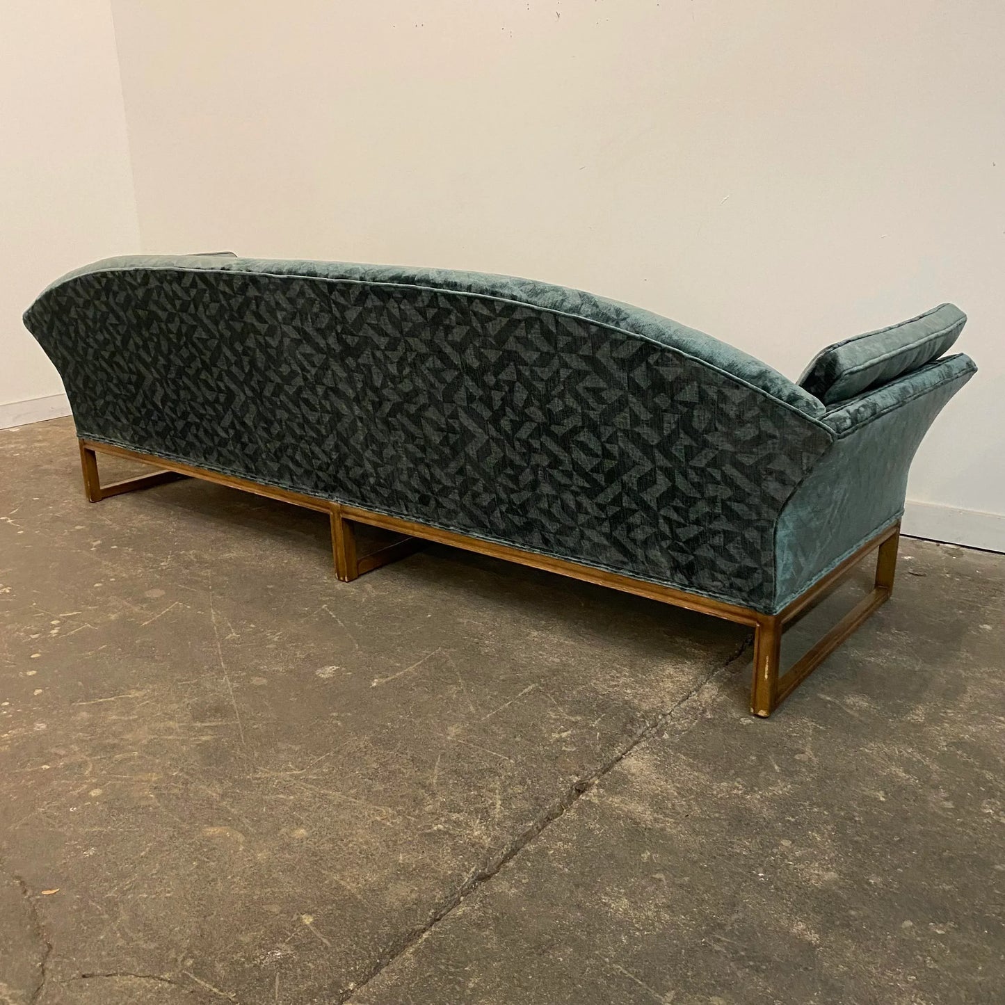 Reupholstered Mid Century Modern Sofa Done in a Geometric Cut Velvet.
