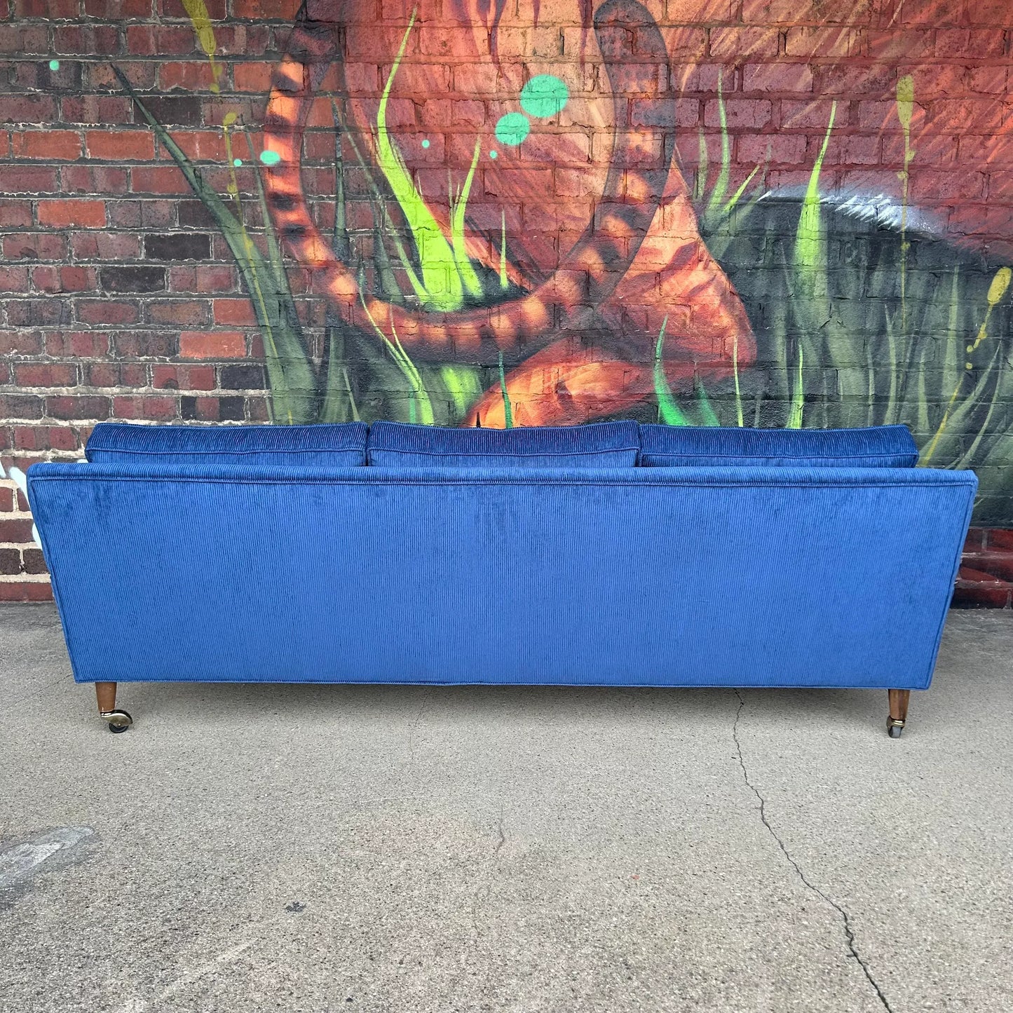 Mid Century Modern Sofa Reupholstered Blue Corduroy on Casters Possibly Selig