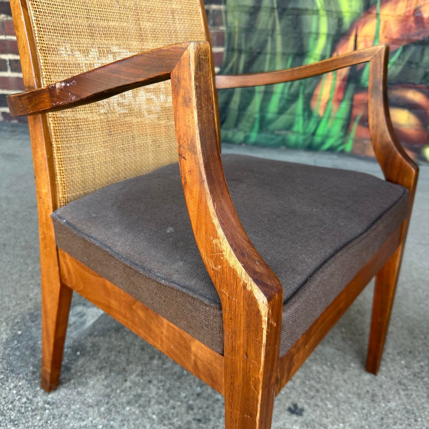Set of Six John Stuart Walnut and Caned Dining Chairs