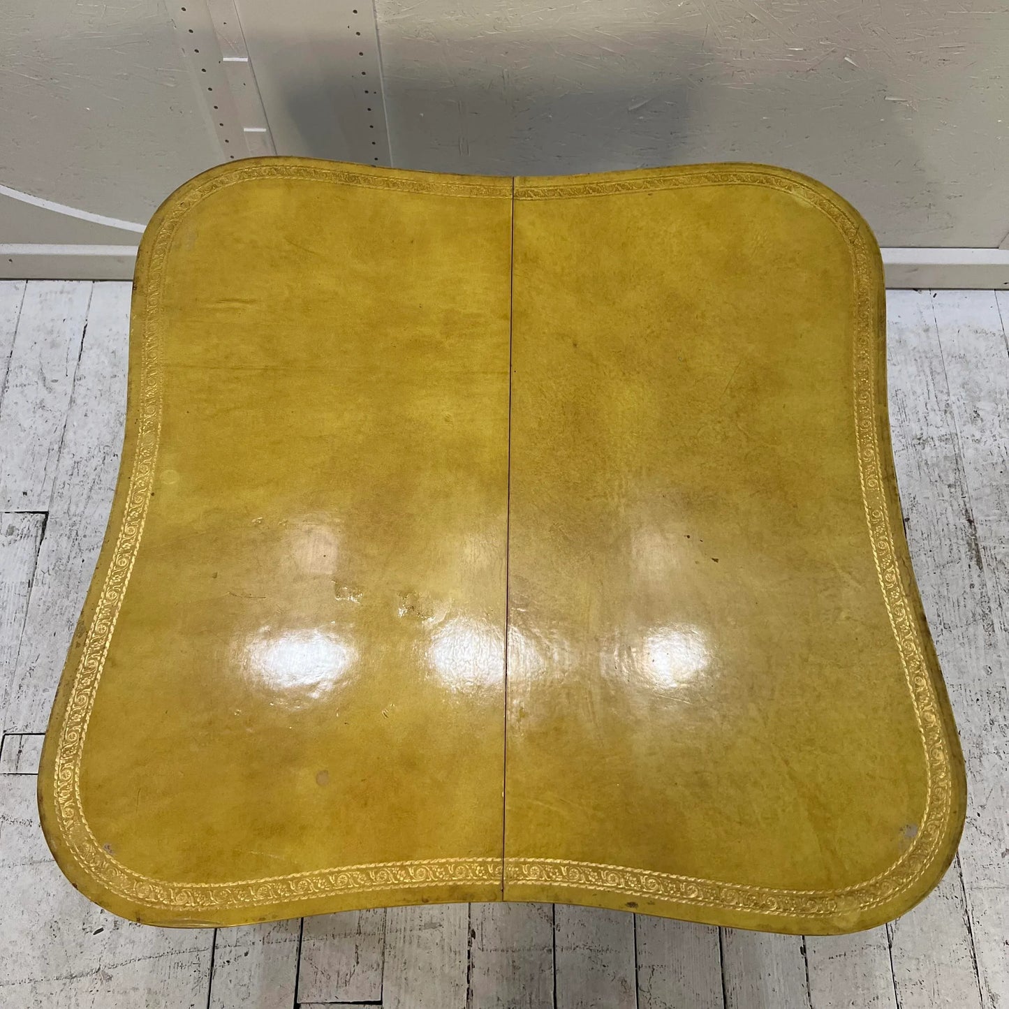 European Yellow Leather Wrapped Dining Table with Gold Trim