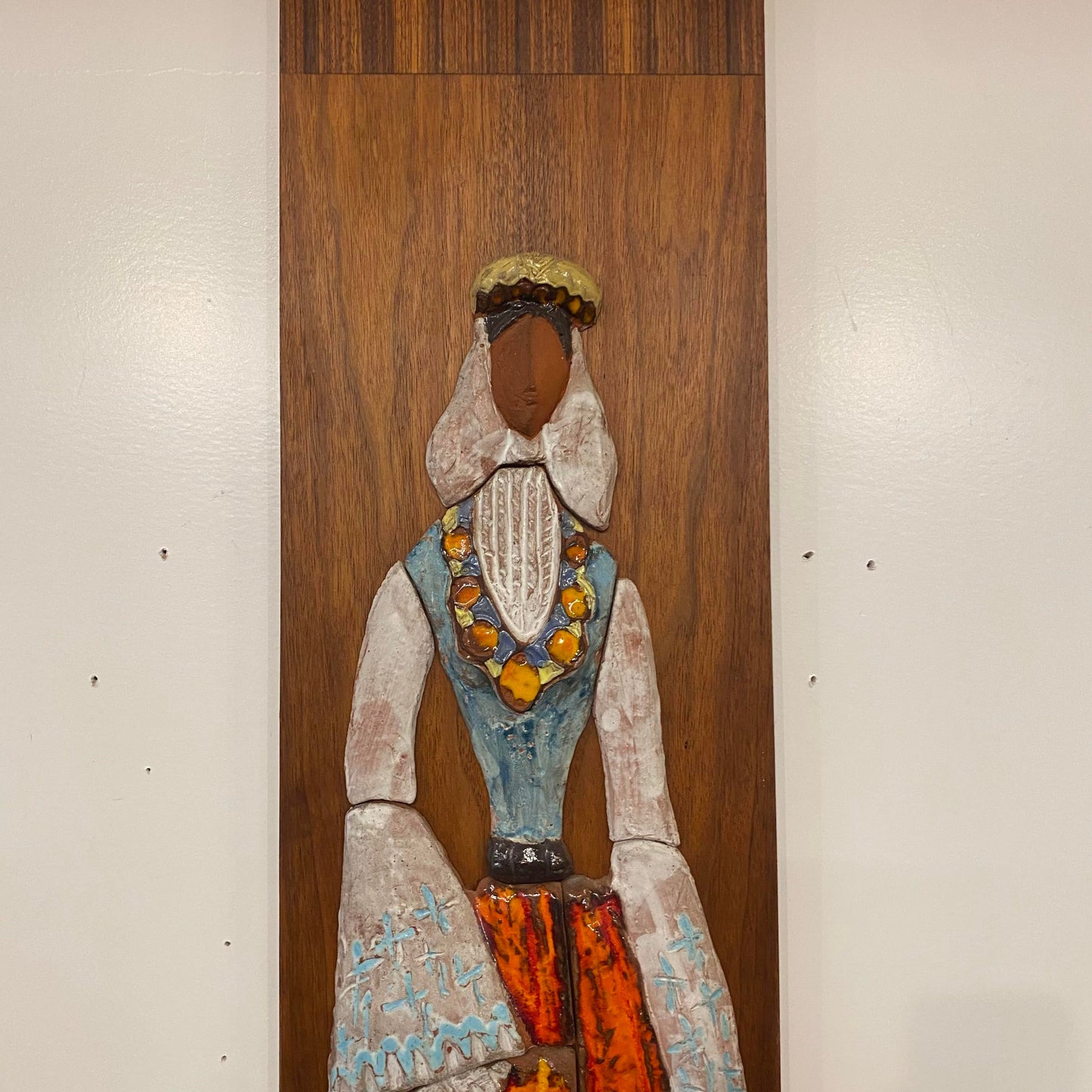 Vintage Ceramic Wall Art of Woman on Walnut and Rosewood Board Mid Century Style of Harris Strong