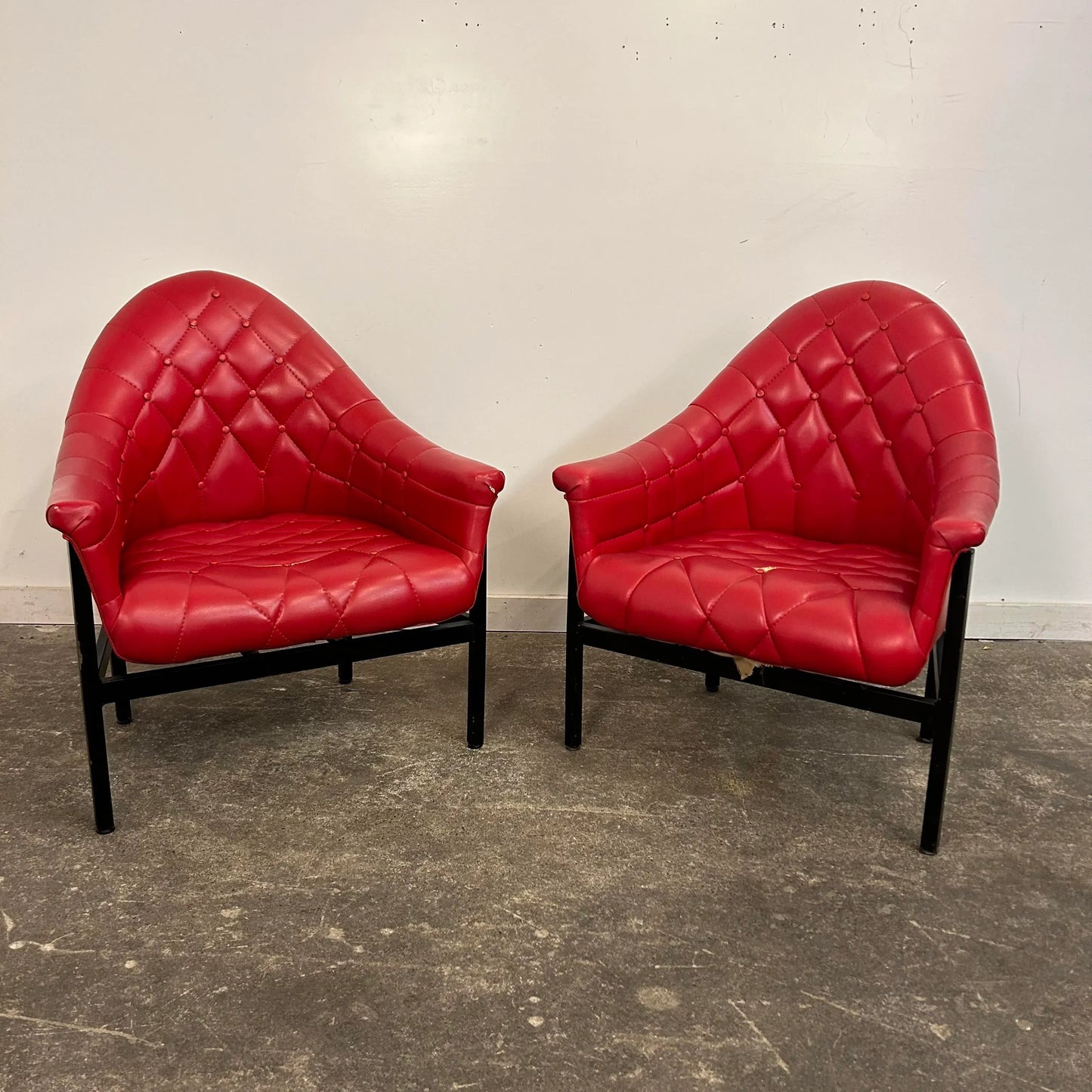Red Vinyl Tufted Lounge Chairs Styled After Milo Baughman by Frank and Son
