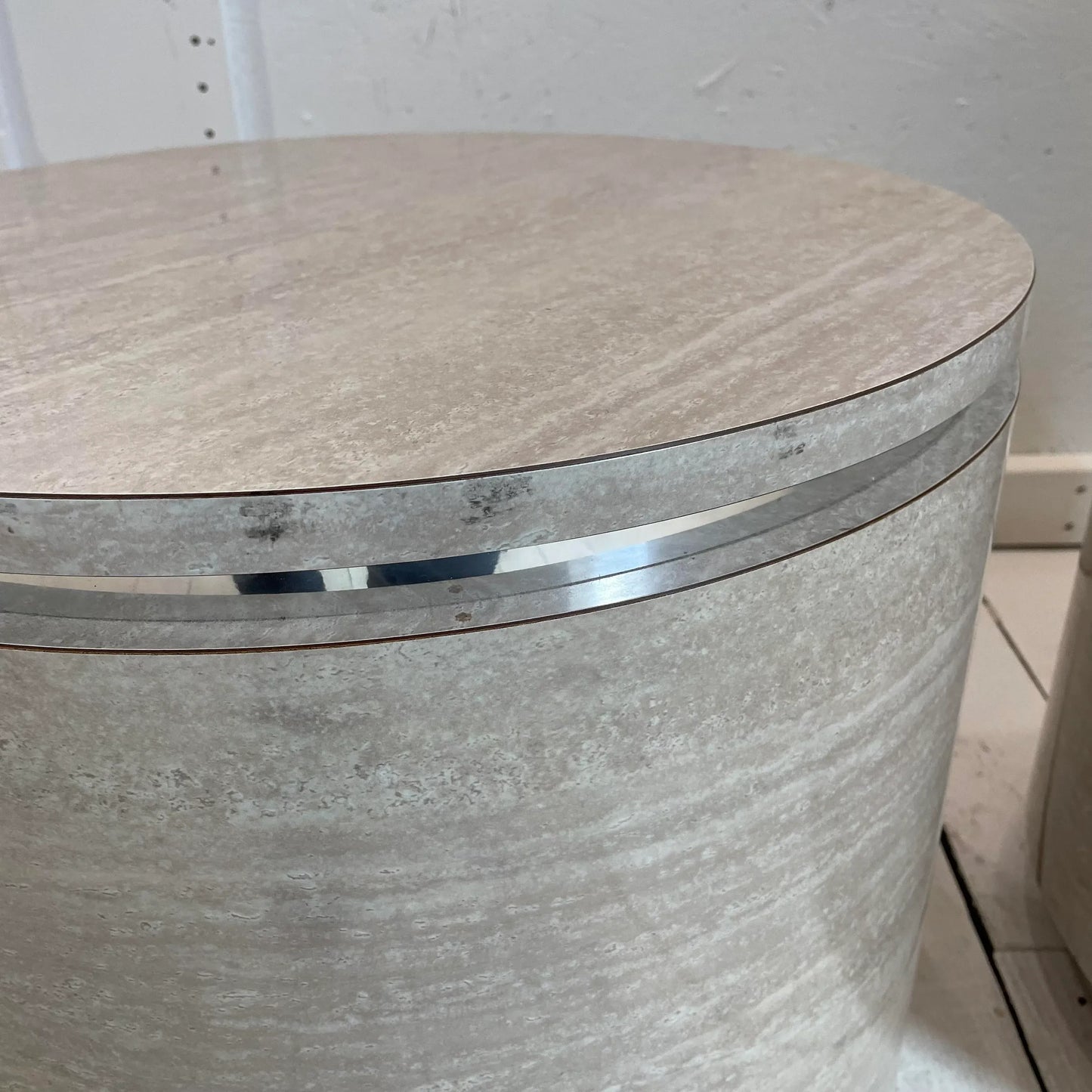 1980s Travertine Laminate Drum Side Tables With Chrome Trim - a Pair