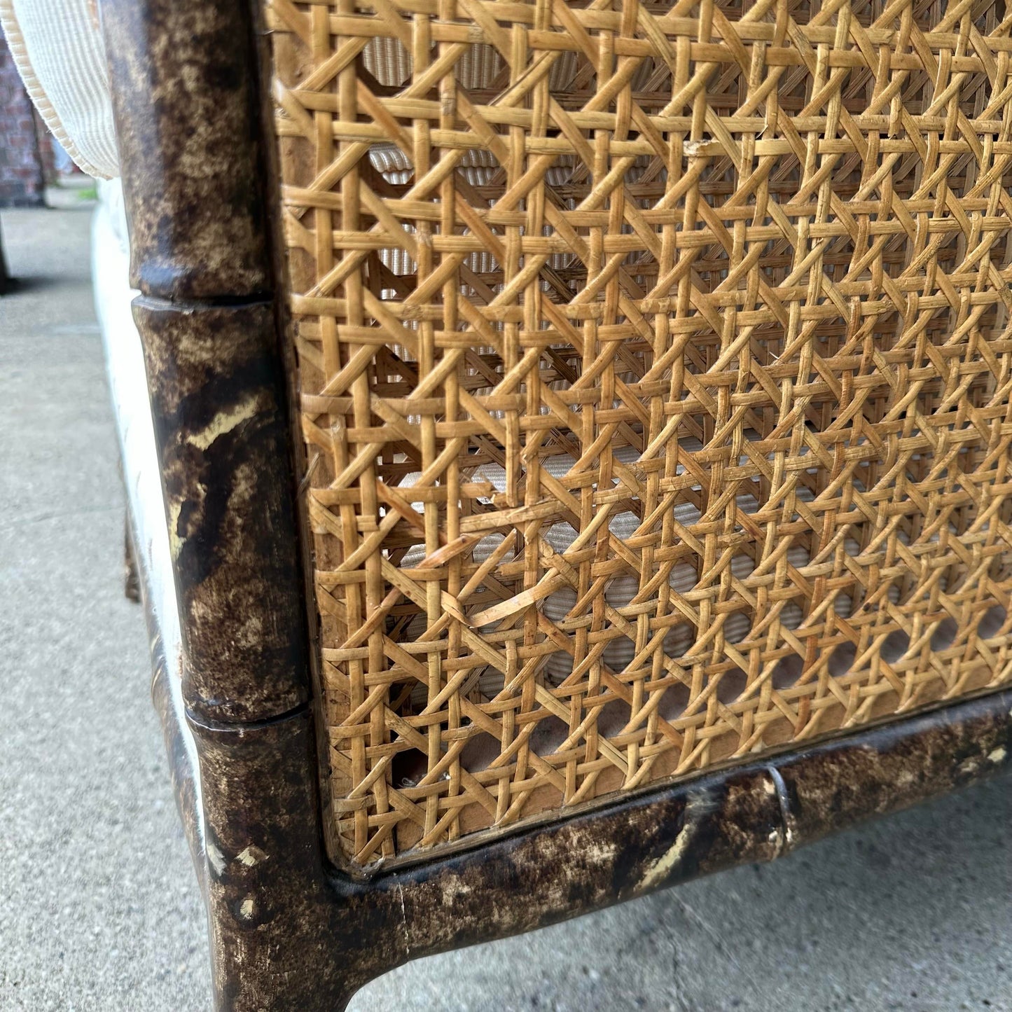 Vintage Faux Bamboo Sofa With Caned Arms in Style of Robsjohn Gibbings Mid-Century Modern