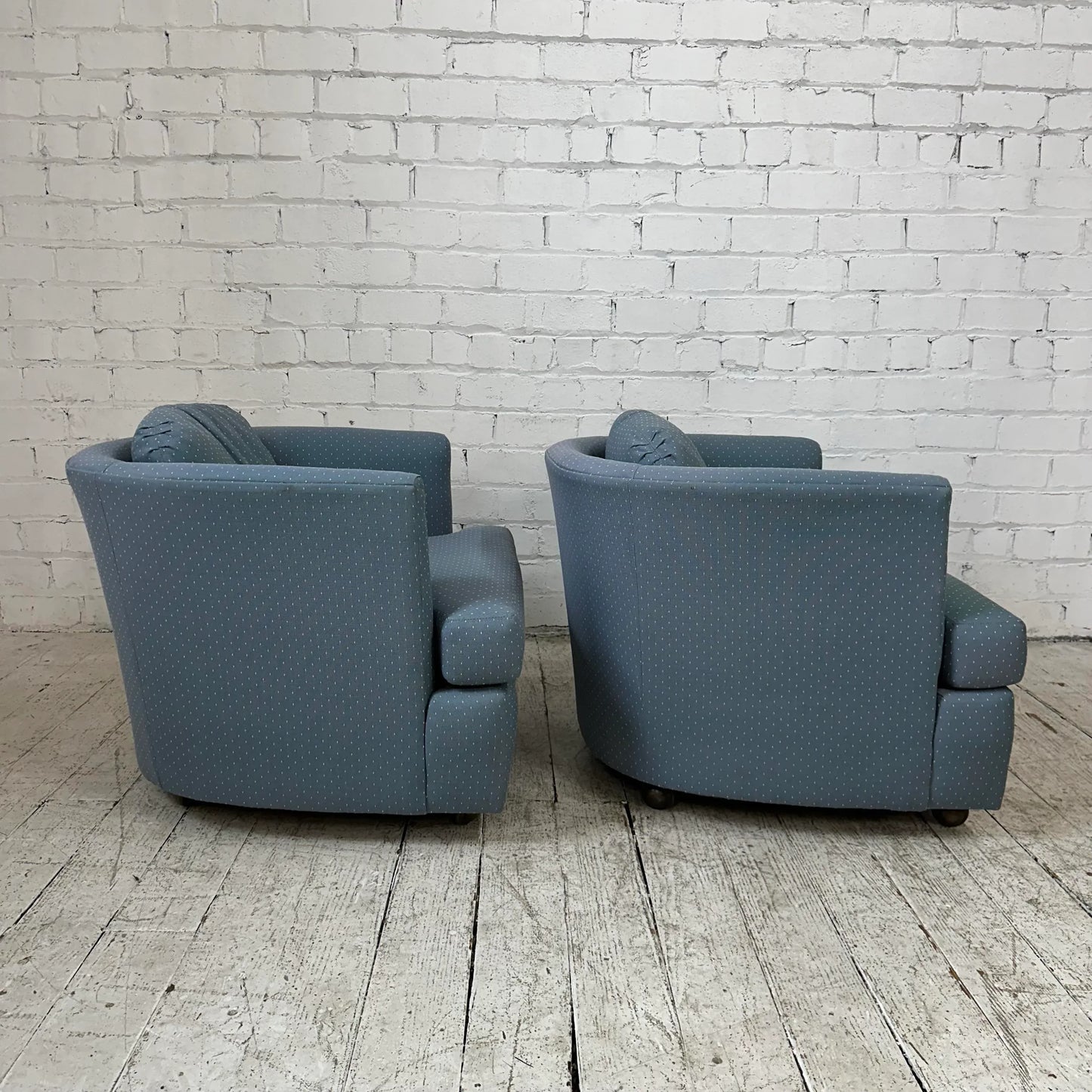 Pair of Drexel Blue Barrel Back Chairs on Casters