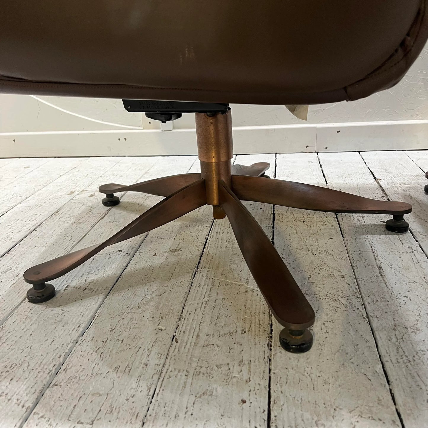 Brown Leather and Brass Propeller Base Arm Chairs by Mueller Furniture
