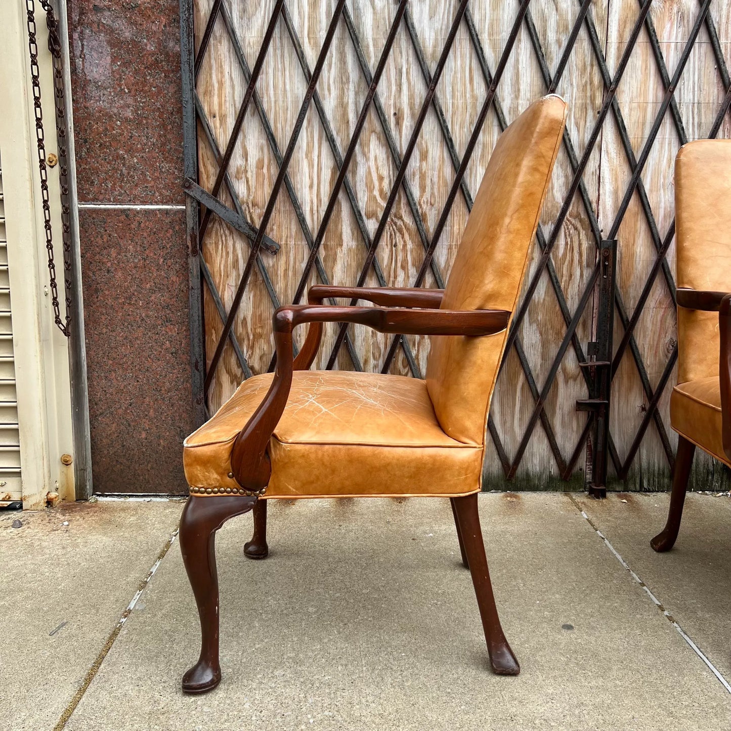 10 Antique Leather and Wood Arm Chairs Dining Conference Desk