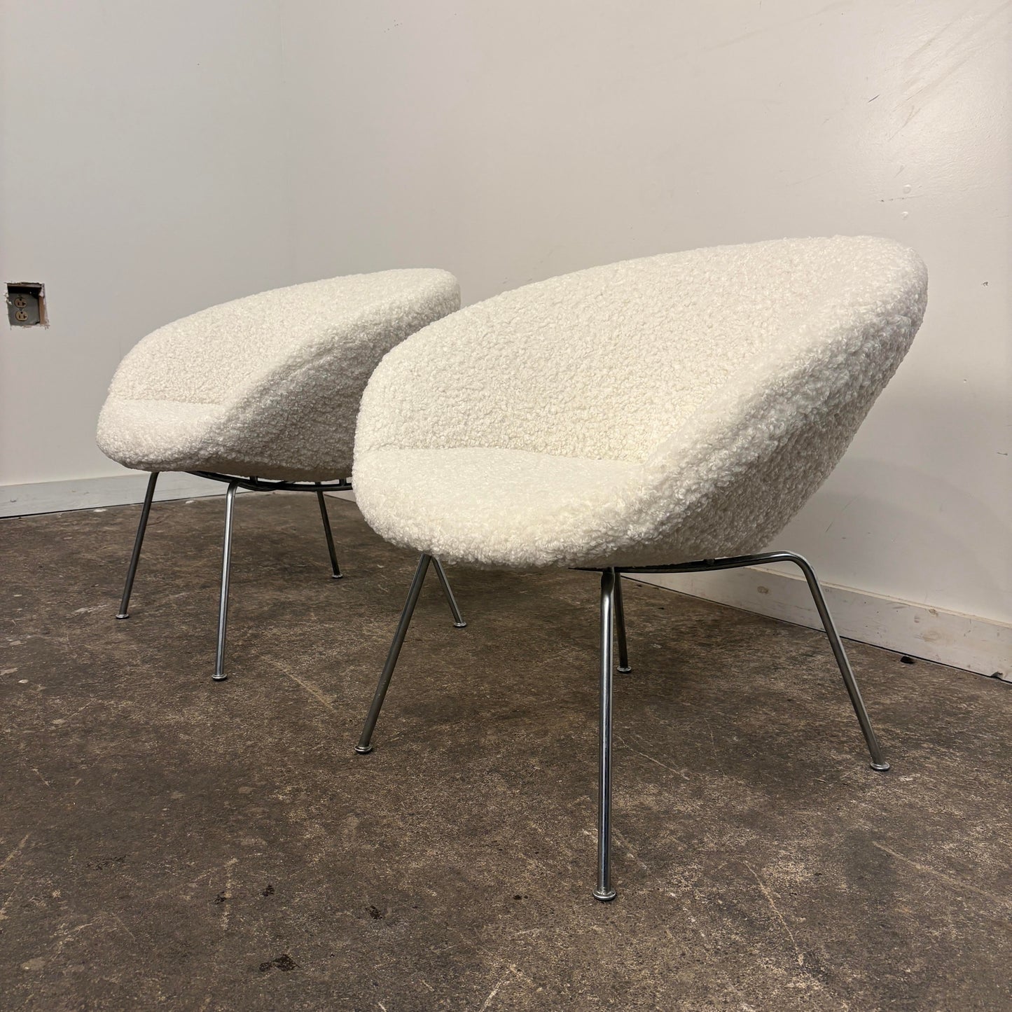Pair of Arne Jacobsen Pot Chairs Reupholstered in Faux White Shearling