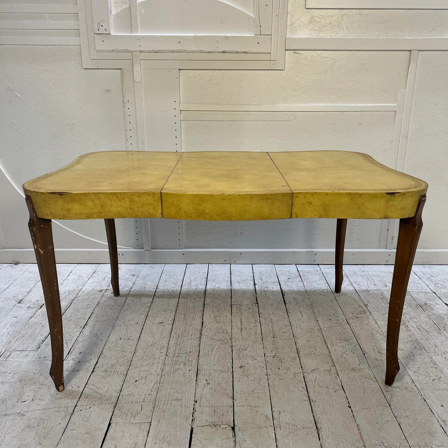 European Yellow Leather Wrapped Dining Table with Gold Trim