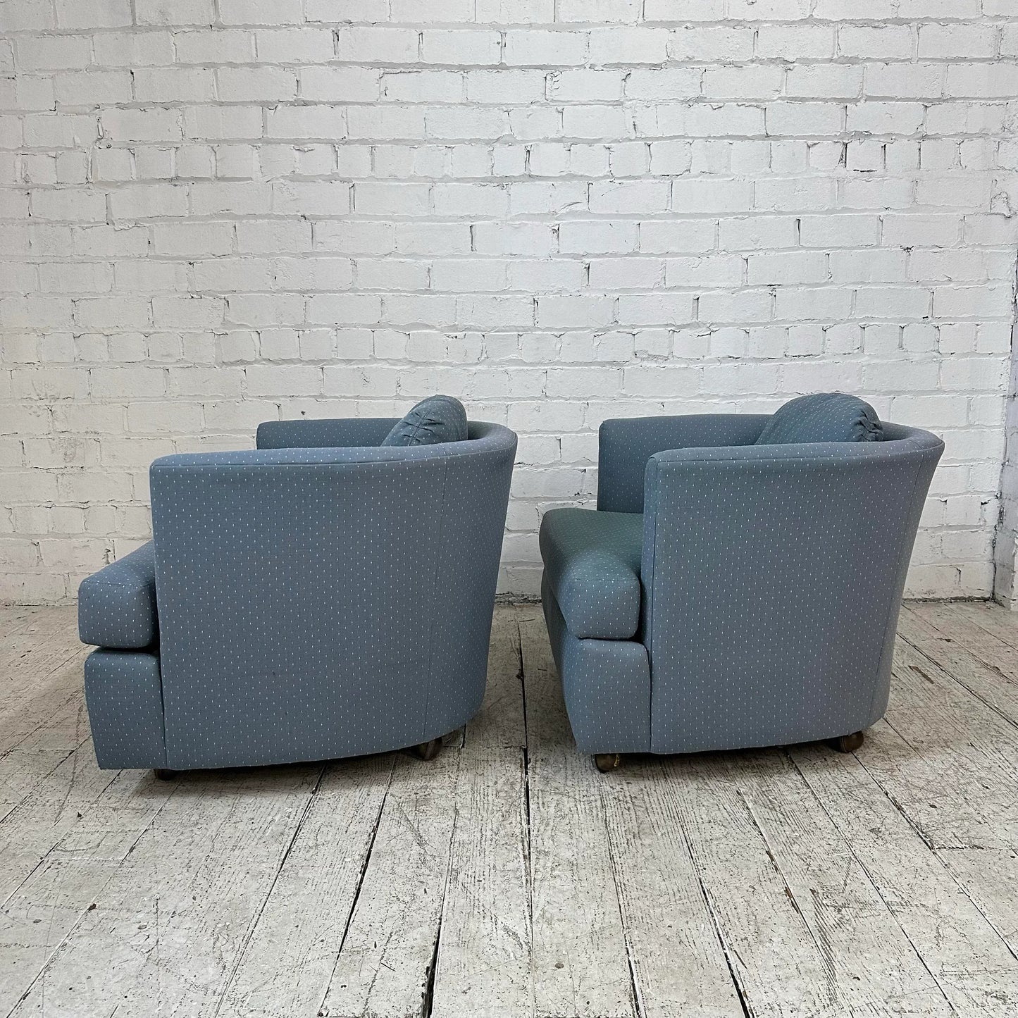 Pair of Drexel Blue Barrel Back Chairs on Casters