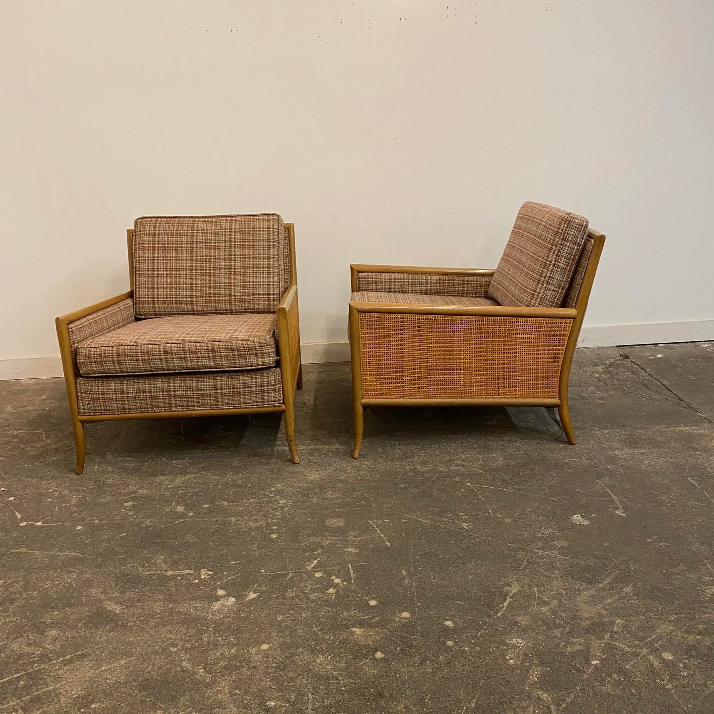 Vintage Pair of TH Robsjohn-Gibbings Cane-Sided Club Chairs Midcentury Modern