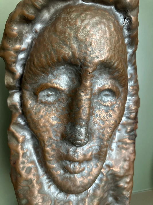 Waylande Gregory Large Hammered Copper Face Sculpture Bust on Wood Block.