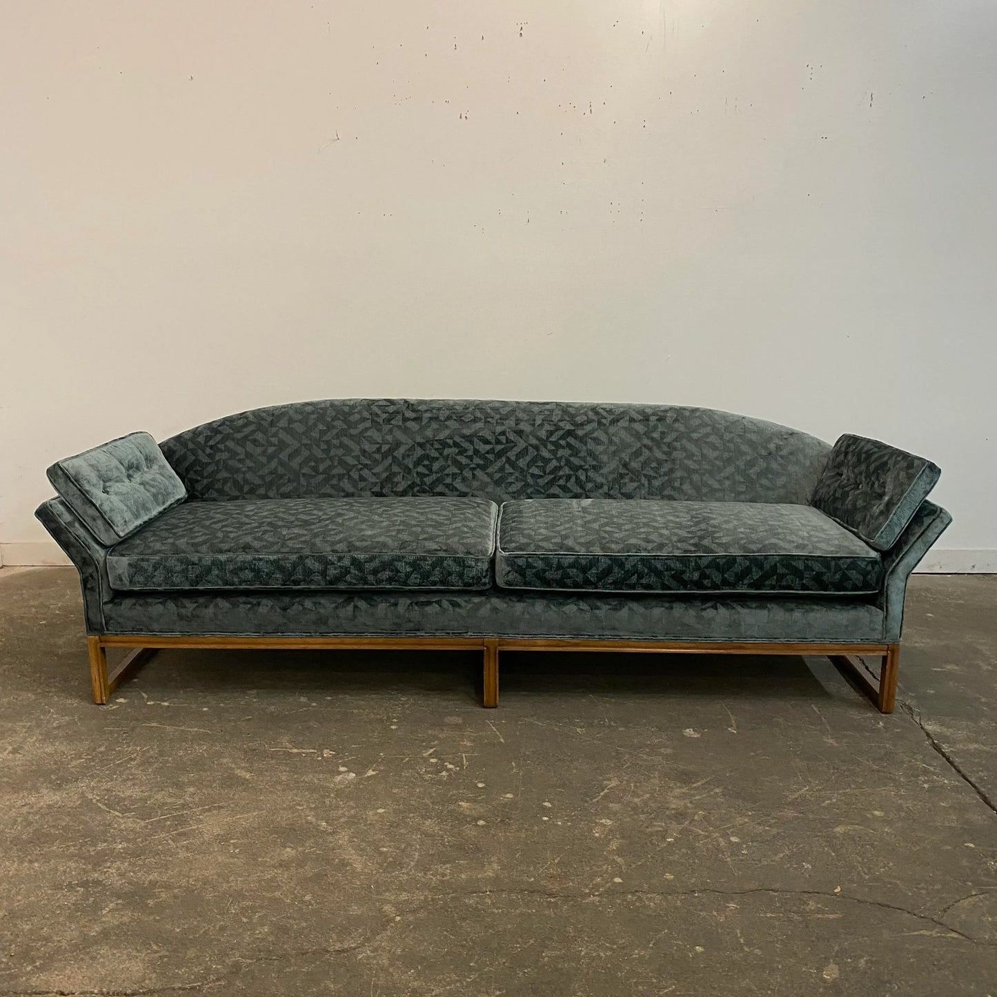 Reupholstered Mid Century Modern Sofa Done in a Geometric Cut Velvet.