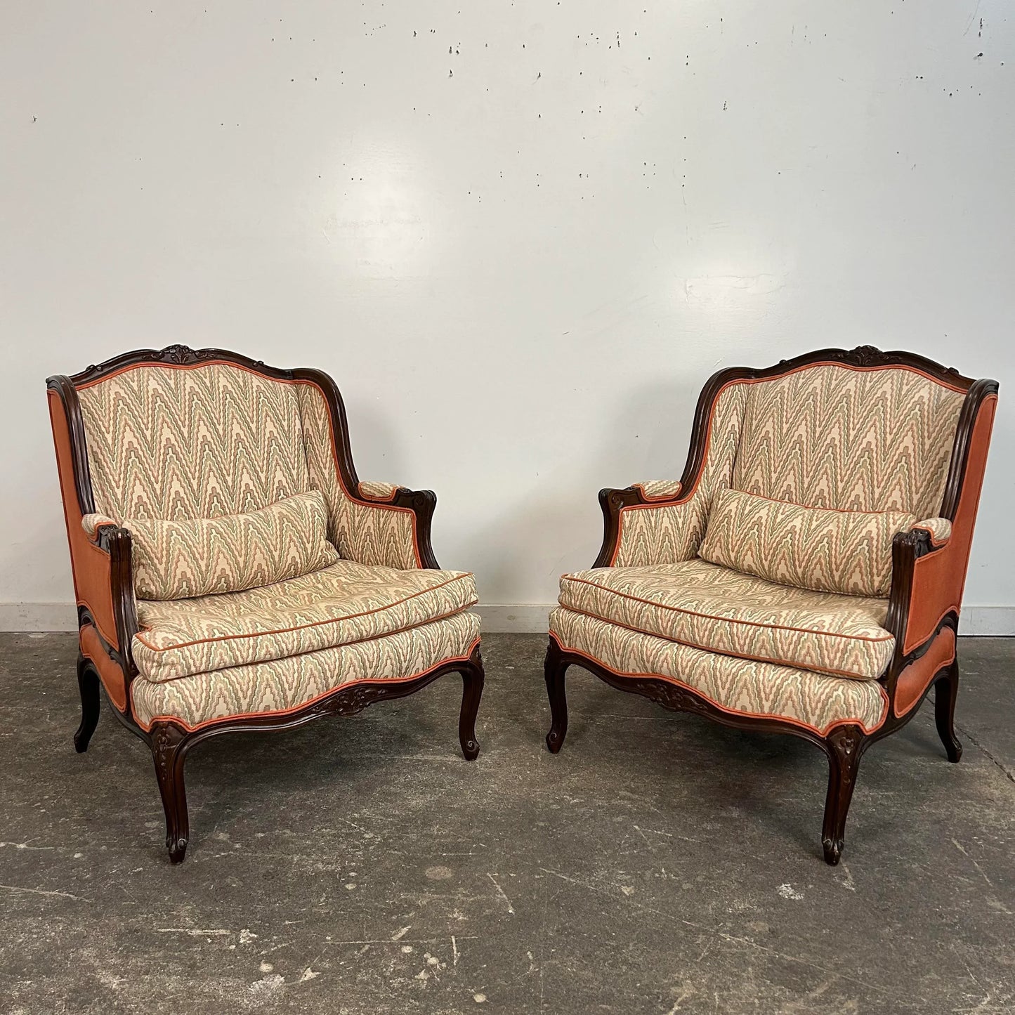 Pair of Antique Wing Back Club Chairs French Provincial