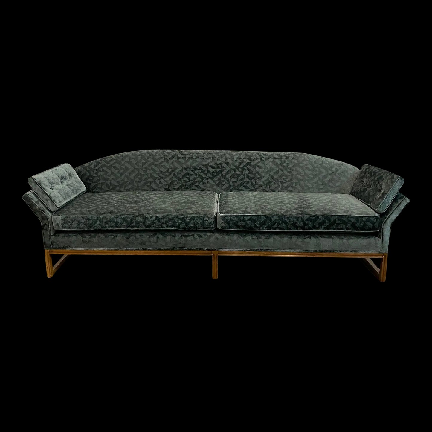 Reupholstered Mid Century Modern Sofa Done in a Geometric Cut Velvet.