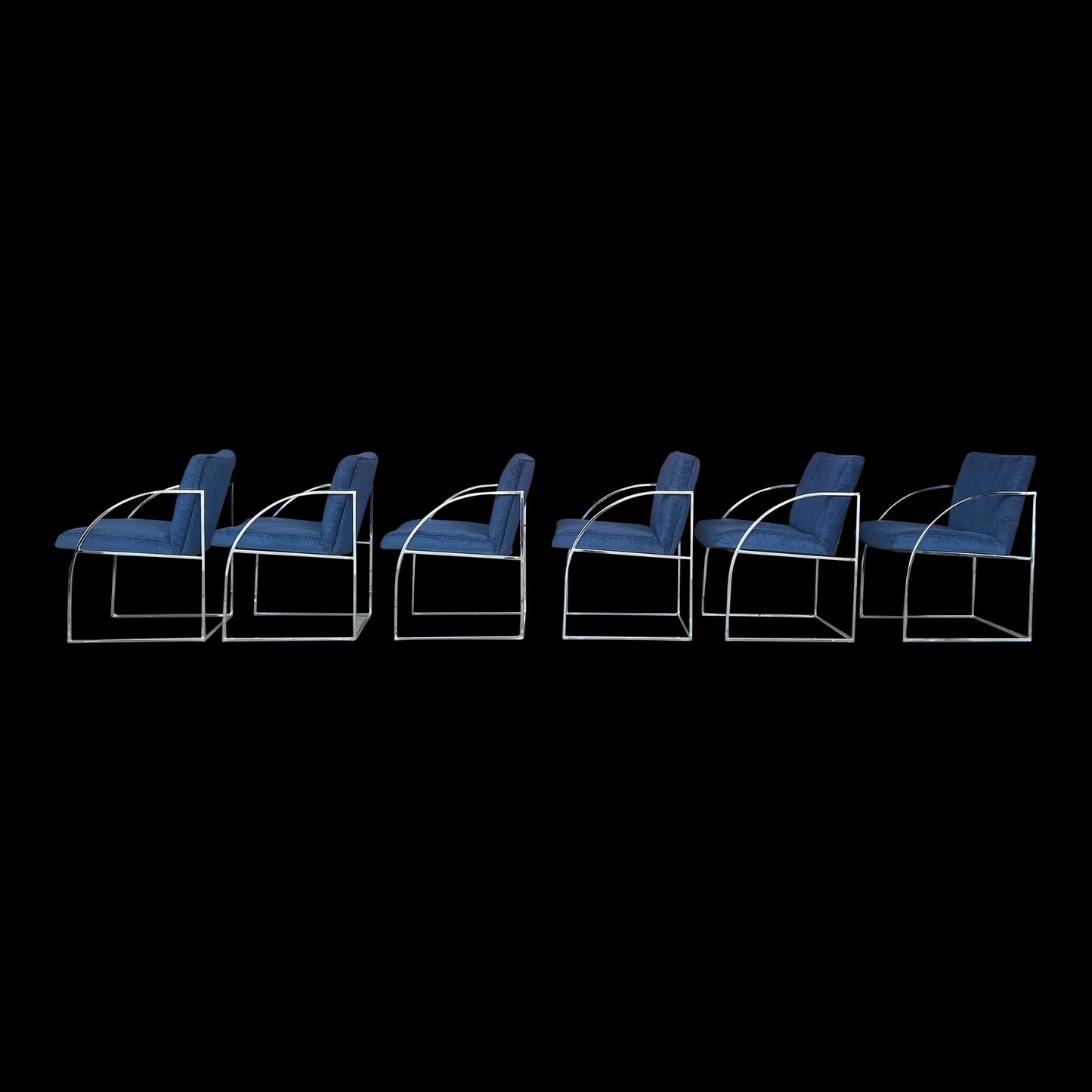 Milo Baughman Thayer Coggin Chrome Dining Chairs Recovered in a Blue Sparkly Fabric.