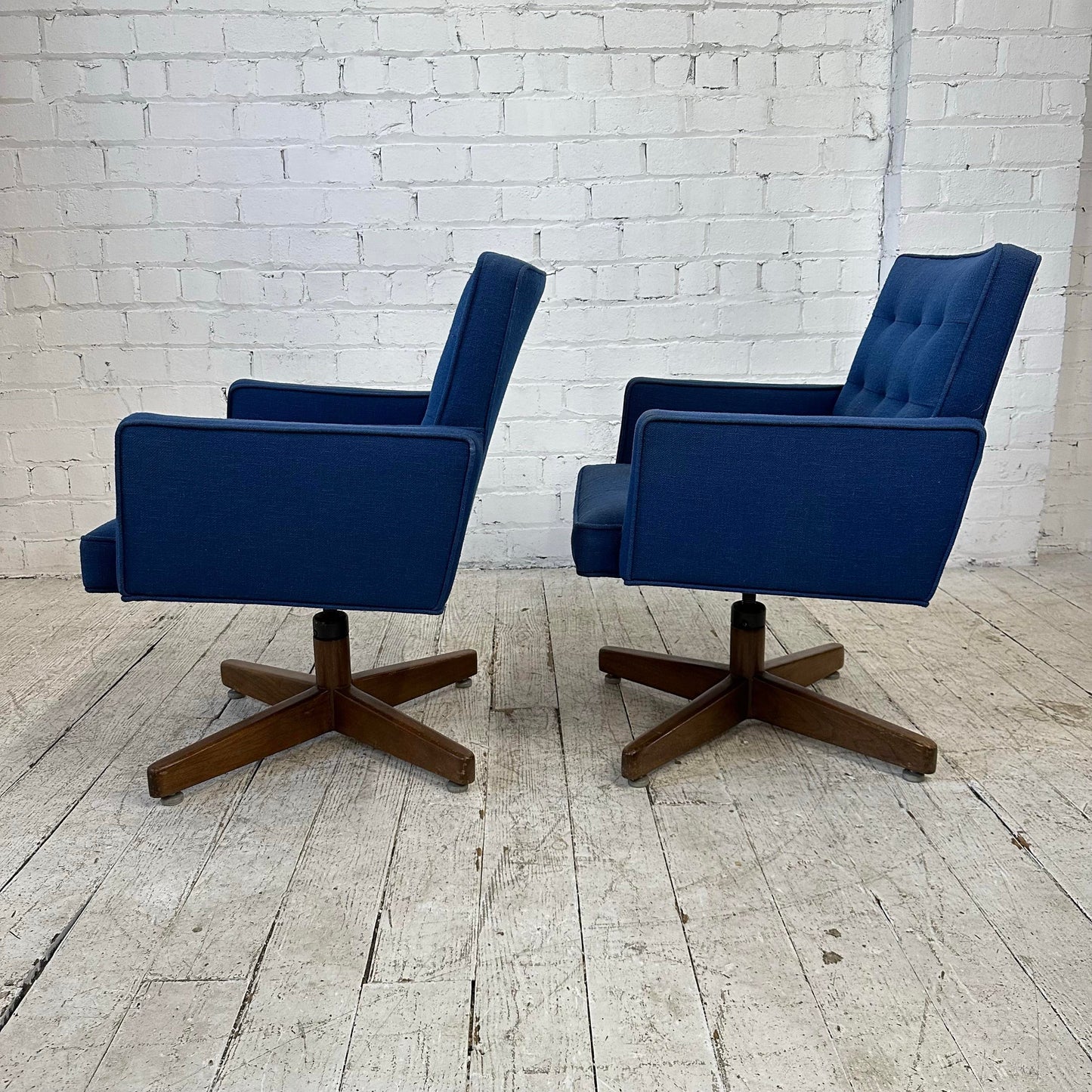 Pair of Blue Swivel Office Arm Chairs by Hibert Risom Knoll Style