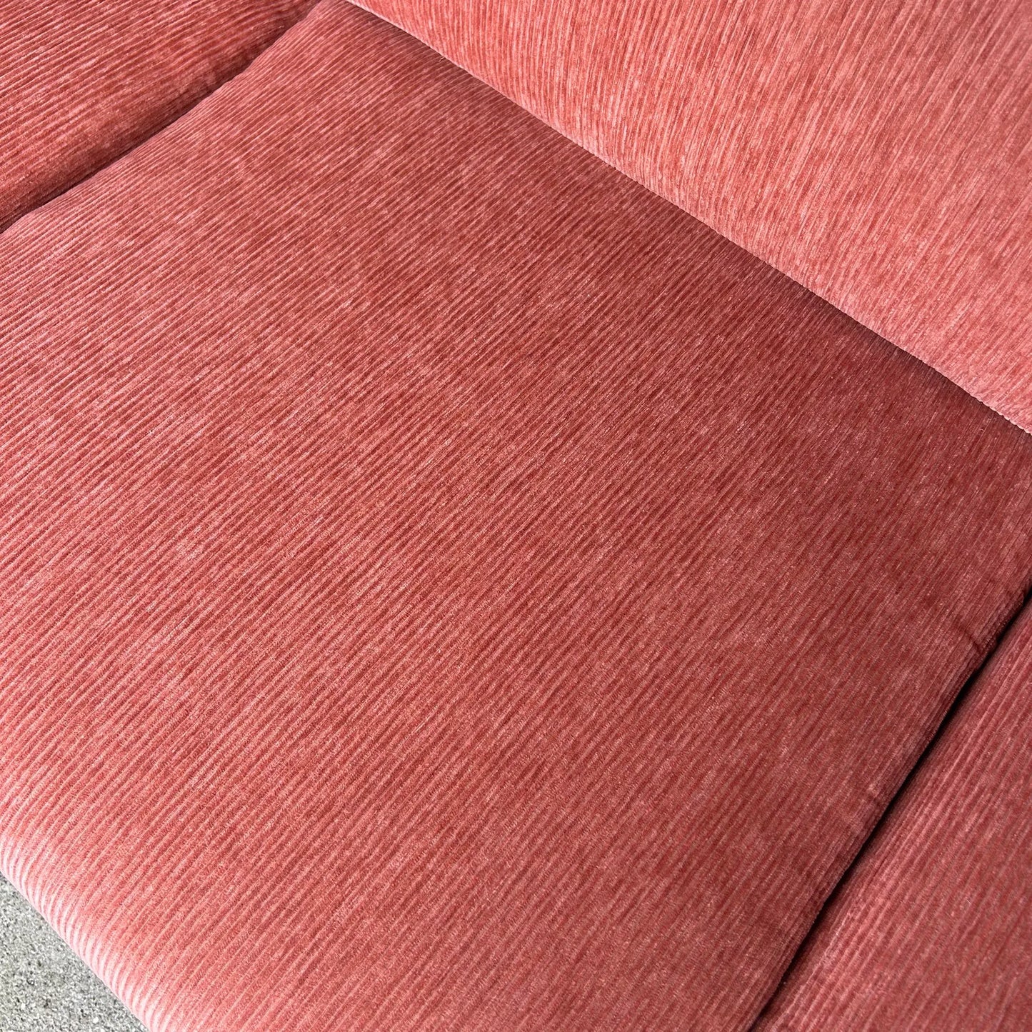 Reupholstered Milo Baughman Style Chrome Sofa in Crypton Salmon Corduroy