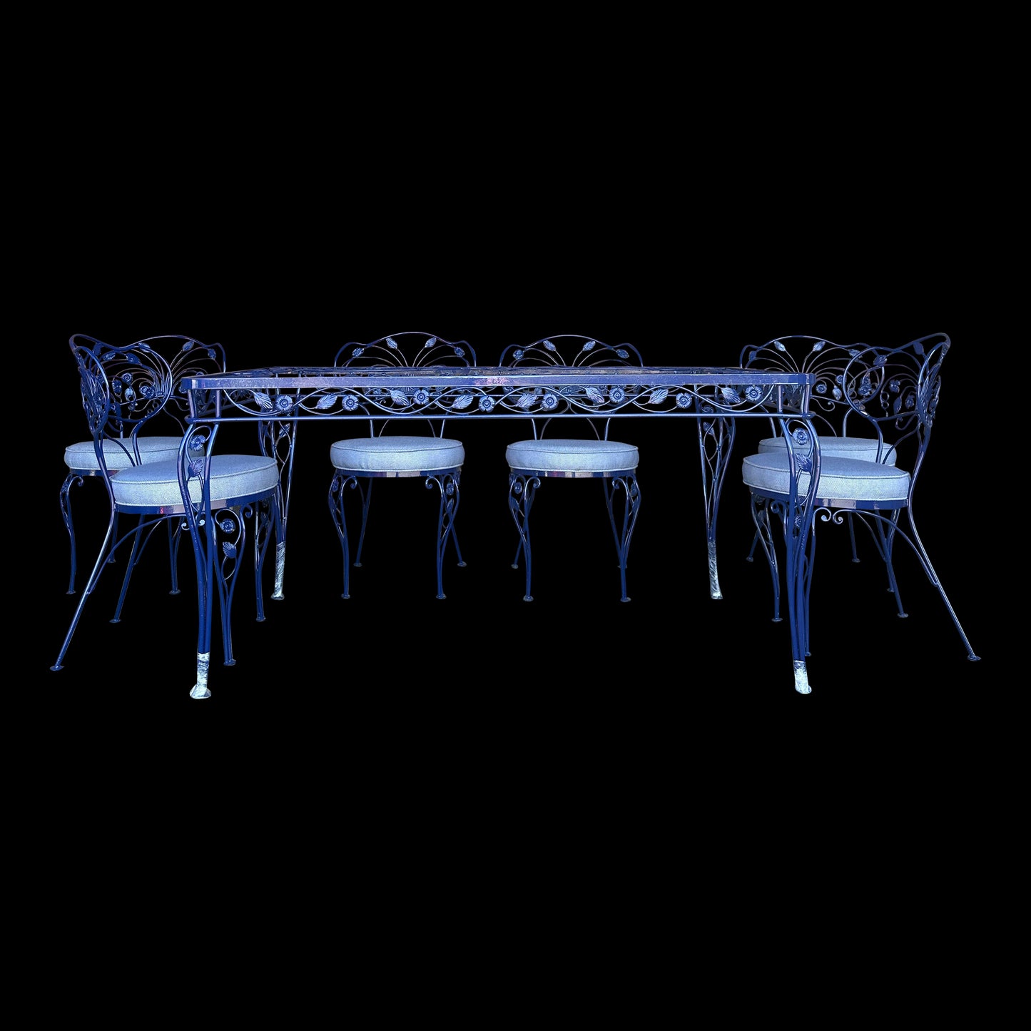Vintage Whimsical Patio Dining Set 6 Chairs and Table Professionally Powder Coated and Upholstered