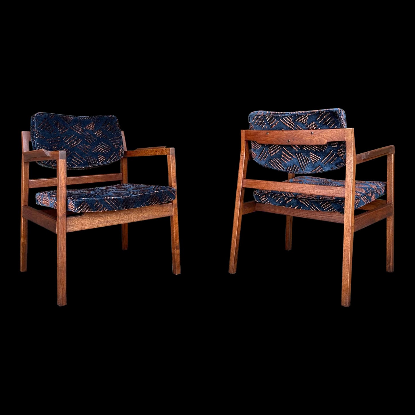 Pair of Walnut Jens Risom Arm Chairs in Jack Lenor Larsen Fabric