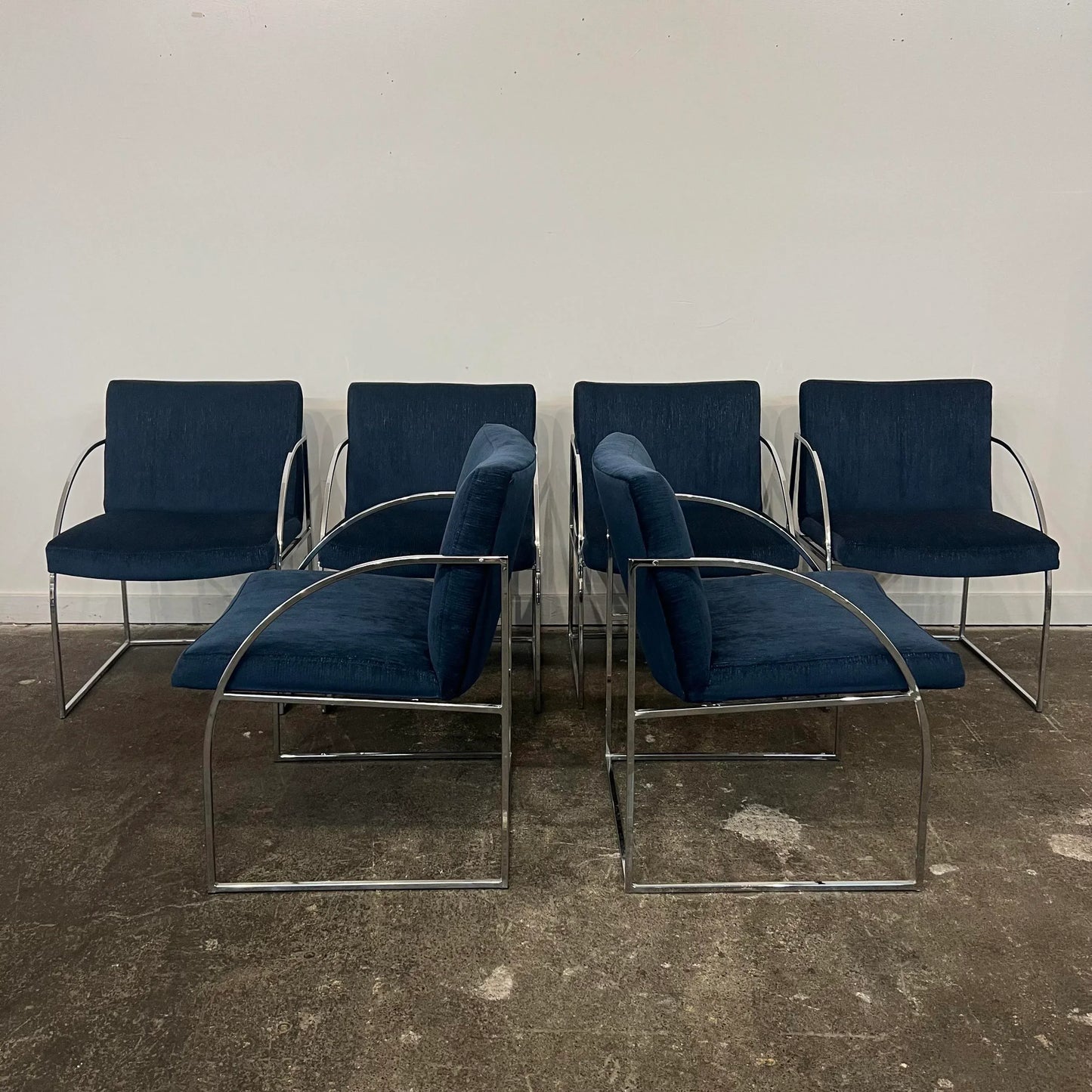 Milo Baughman Thayer Coggin Chrome Dining Chairs Recovered in a Blue Sparkly Fabric.