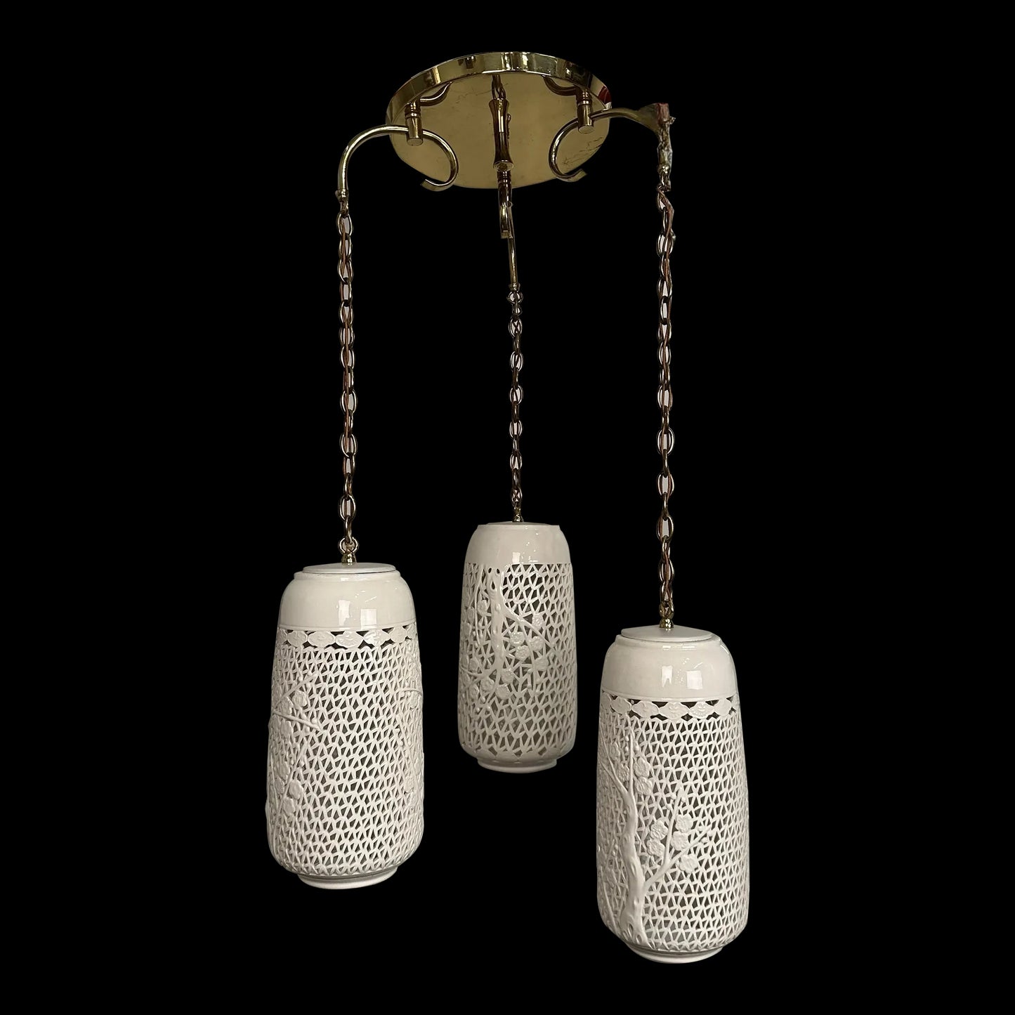 Triple-Pendant Reticulated Blanc De Chine Chandelier