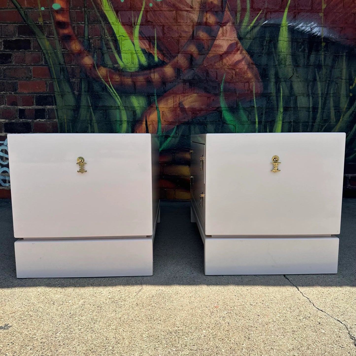 Pair of Light Pink Lacquered Nightstands Brass Hardware Western Furniture Company